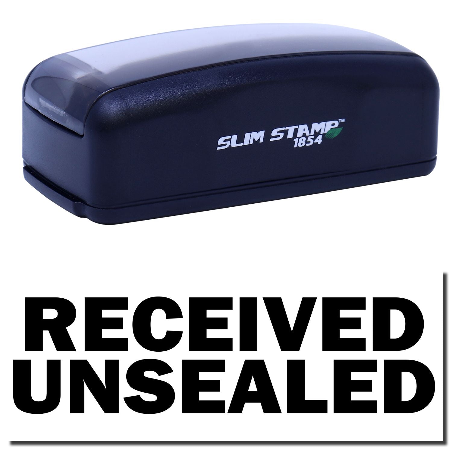 Slim Stamp 1854 compact stamp case with 'Received Unsealed' label, indicating unsealed delivery for verification.
