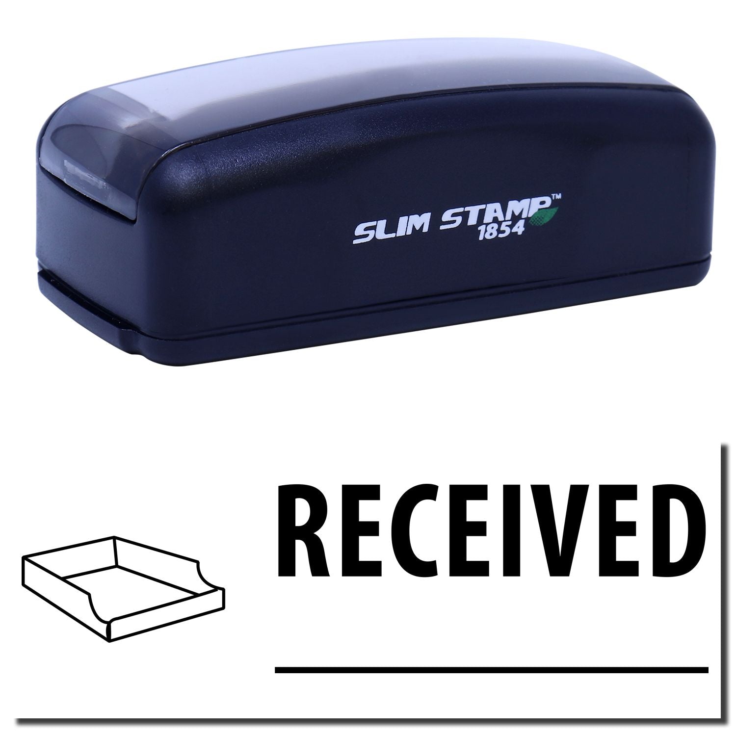Slim Stamp 1854 self-inking stamp with 'RECEIVED' for efficient document handling, shipping records, and office mail processing.