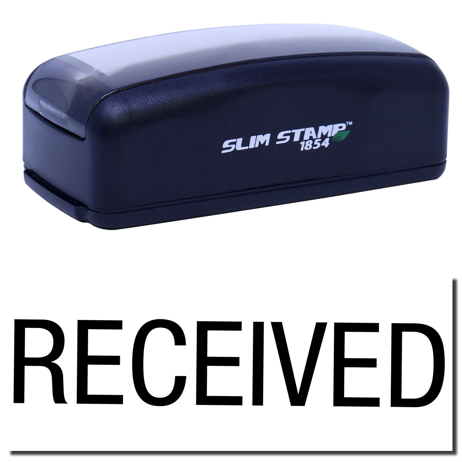 Slim Stamp 1854 Received stamp for office document marking, featuring branding on dark blue stamp case.