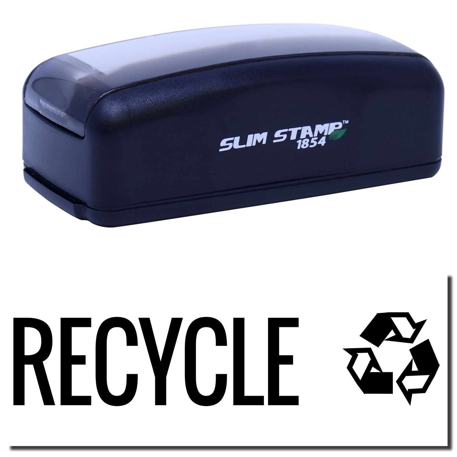 Slim Stamp 1854 self-inking stamp labeled Recycle, showing eco-friendly recycling message for marking mail and documents at home or office.