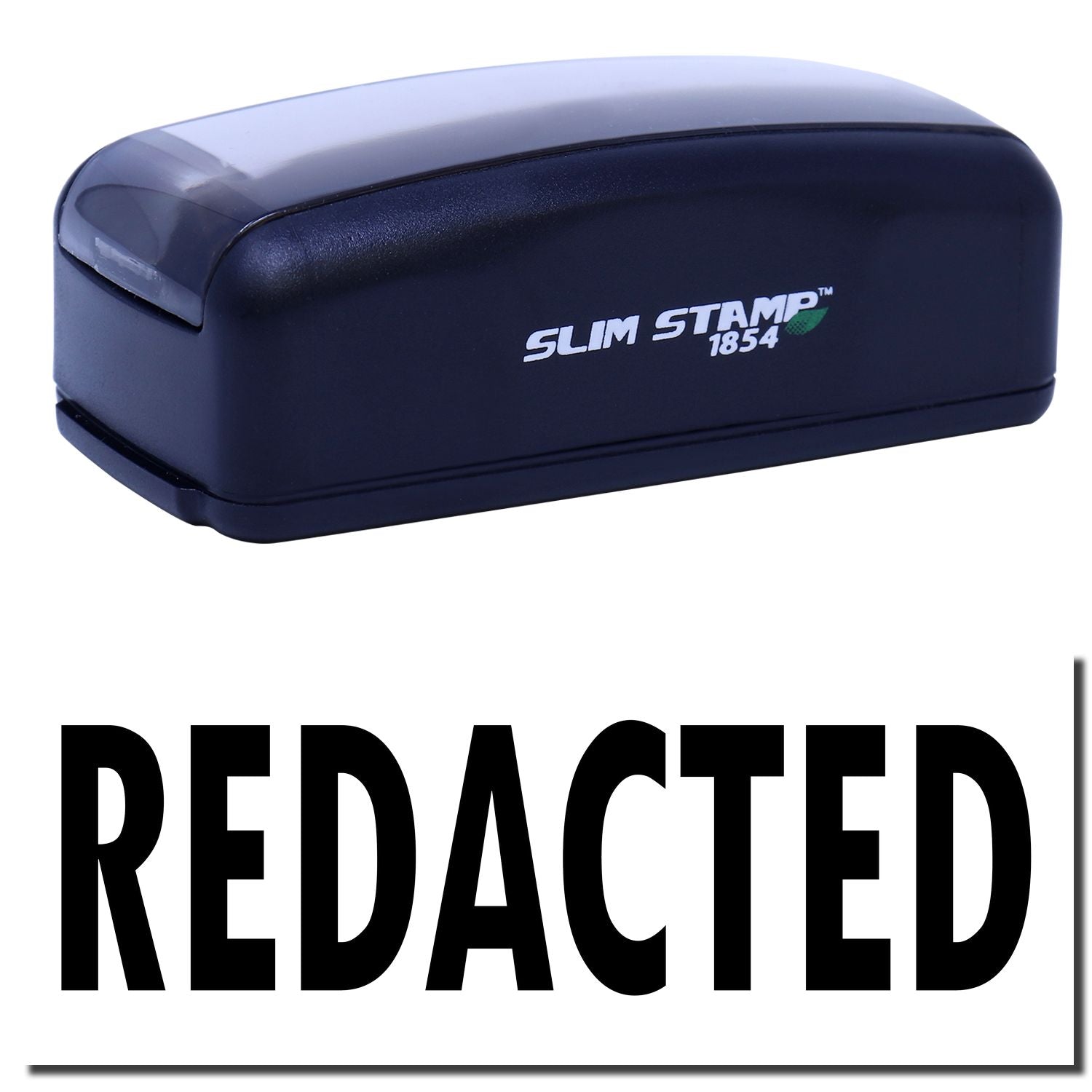 Slim Stamp 1854 redaction stamp labeled REDACTED for marking sensitive documents and protecting privacy