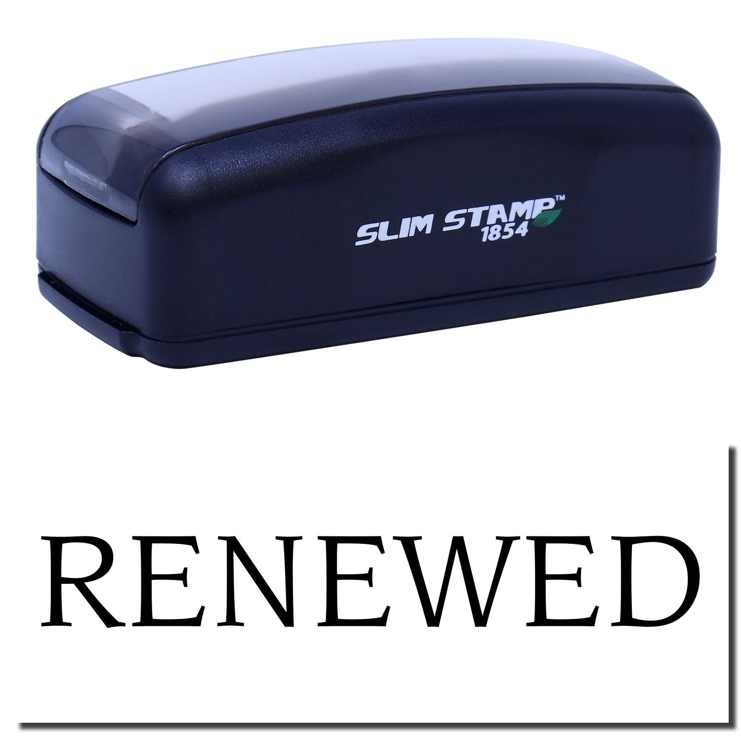 Slim STAMP 1854 ink stamp maker labeled RENEWED, close-up of blue branding for office document stamping