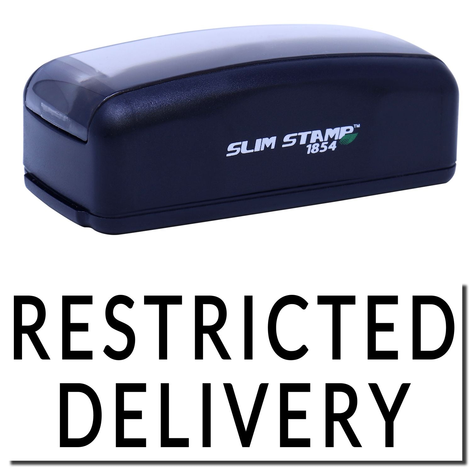 Slim Stamp 1854 ink stamp labeled Restricted Delivery for shipping mail, compact device for address and quick package marking.