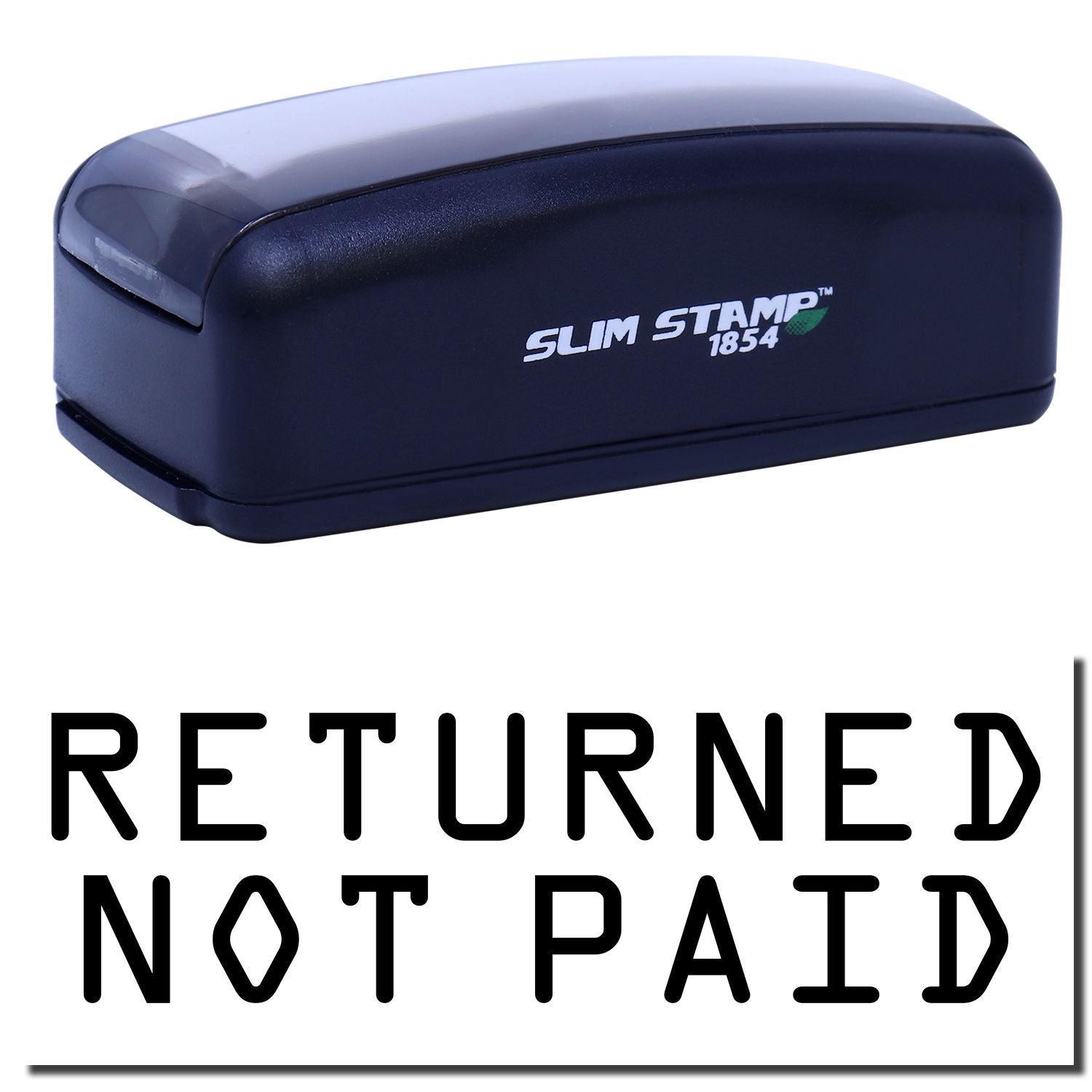 Returned Not Paid stamp showing Slim STAMP 1854 handheld date stamp for labeling returned mail payment status quickly documents