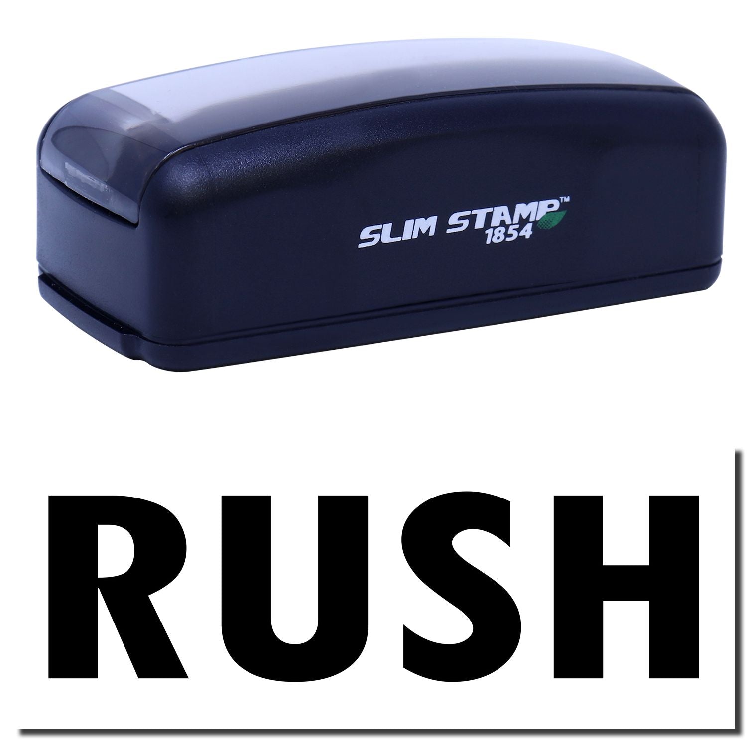 Slim Stamp 1854 self-inking rubber stamp for heavy-duty branding, labeling, and document marking in navy blue with logo, quick ink prints.