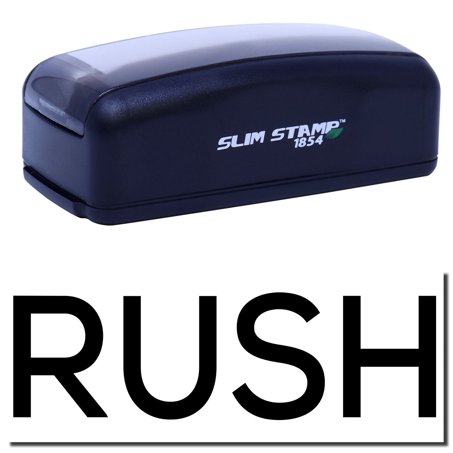 Slim Stamp 1854 self-inking stamp with Rush brandingideal for fast custom date and text impressions for documents, mail, and labeling