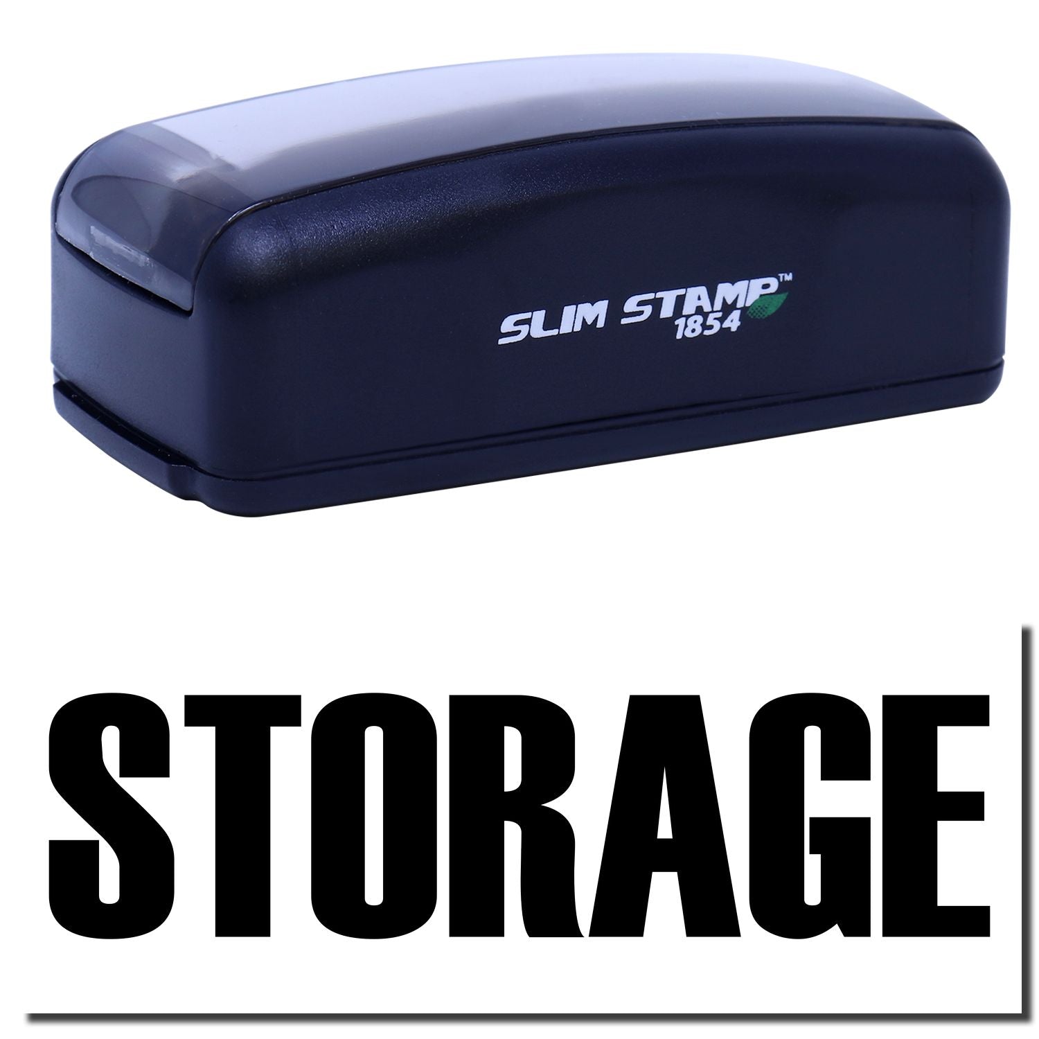 Slim STAMP 1854 branded self-inking stamp for office labeling, inventory marking, and shipping address applications.