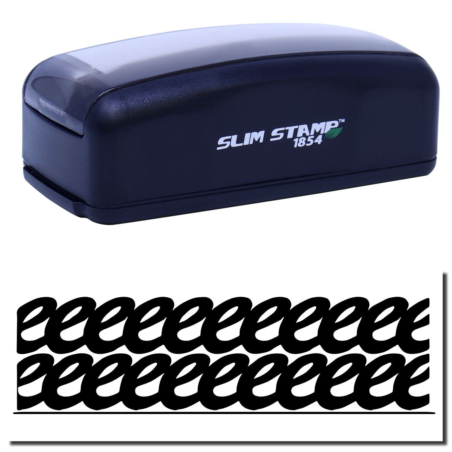 Slim STAMP 1854 self-inking stamp showing brand label and example E-print for document marking