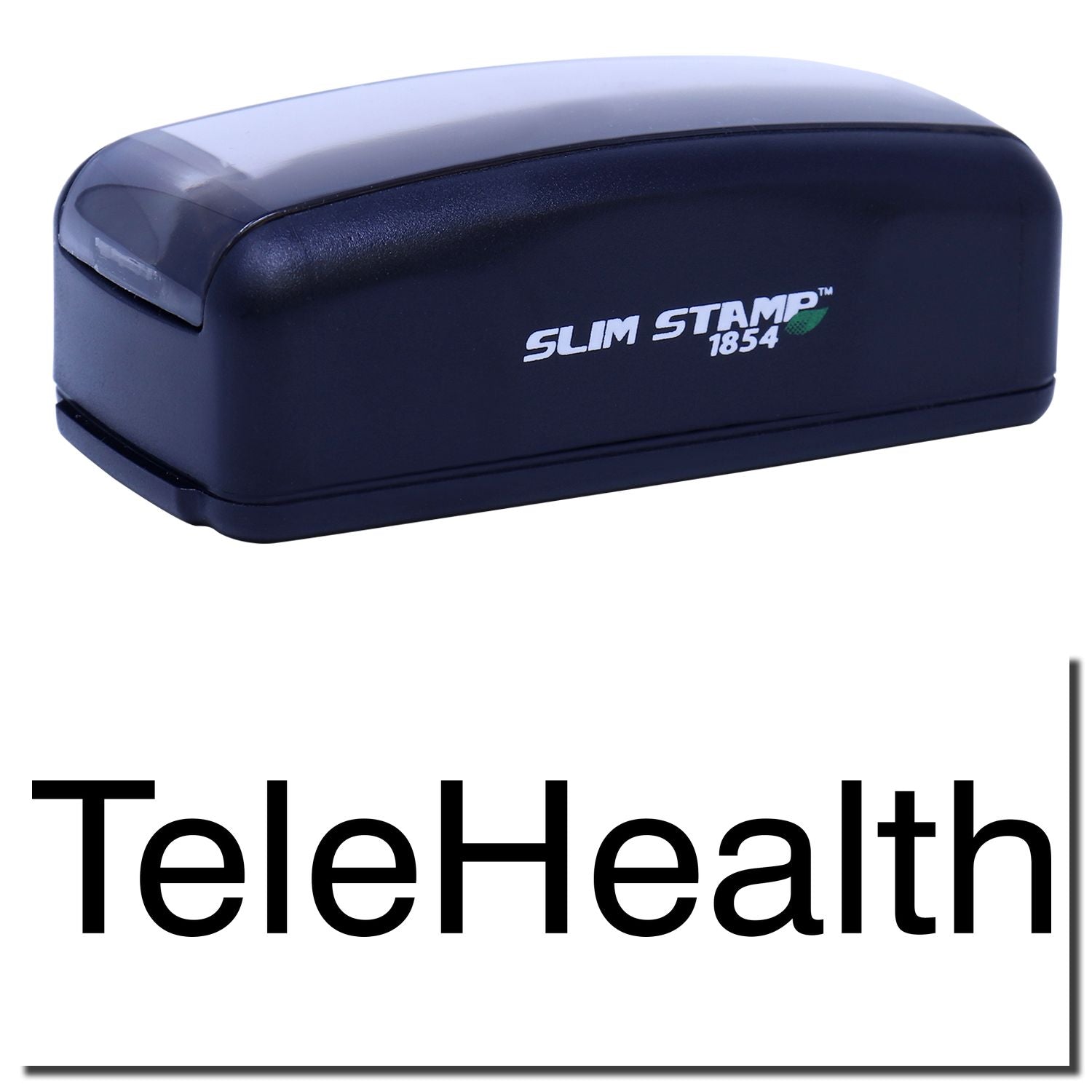 Slim STAMP 1854 desktop ink stamp for TeleHealth printing, ideal for marking medical and office documents with quick impressions.