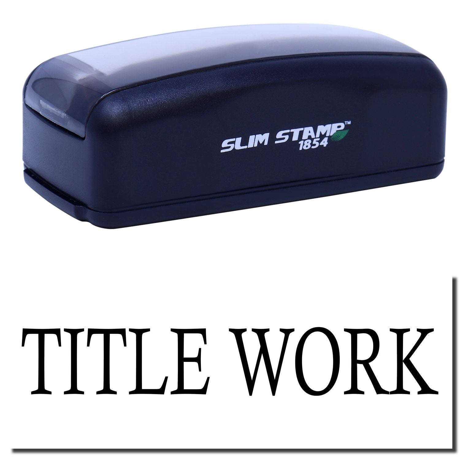 Slim Stamp 1854 blue ink stamp for title work; close-up of compact self-inking branding stamp for documents and labels