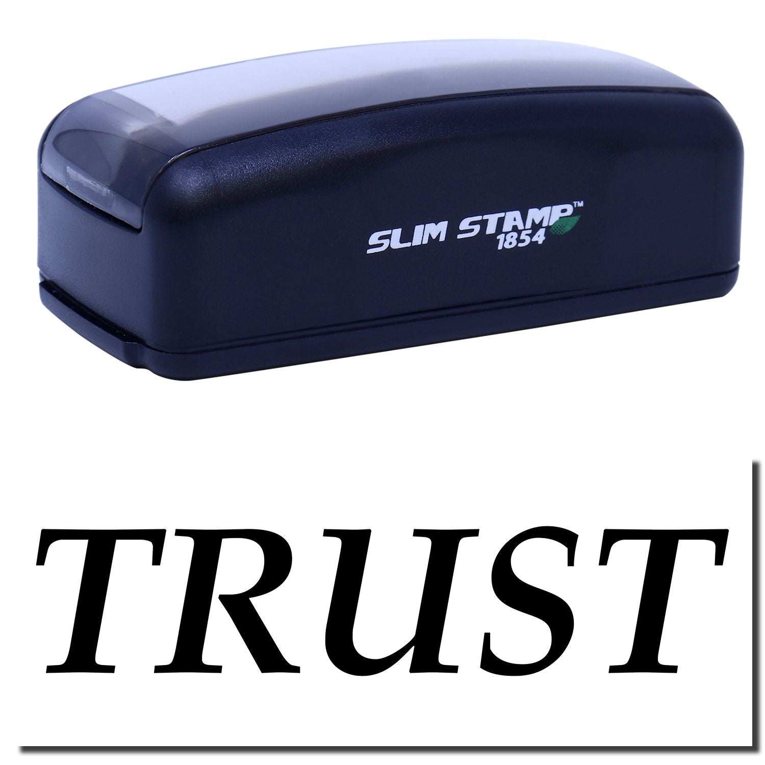 Slim Stamp 1854 handheld stamp base with 'TRUST' imprint, product photo for custom office rubber stamping labeling supplies today