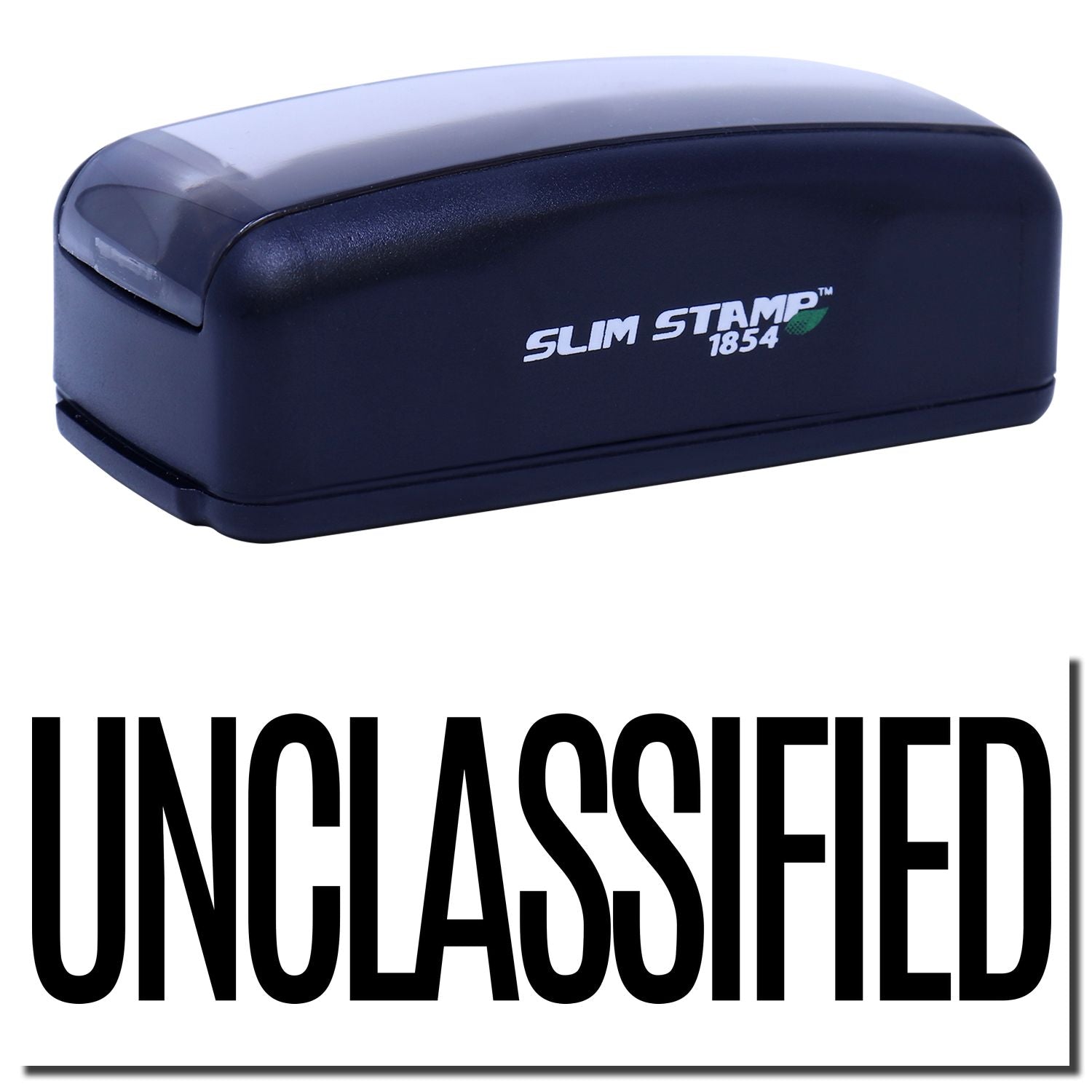 Slim Stamp 1854 self-inking stamp labeled UNCLASSIFIED for quickly marking documents with official security status in records.