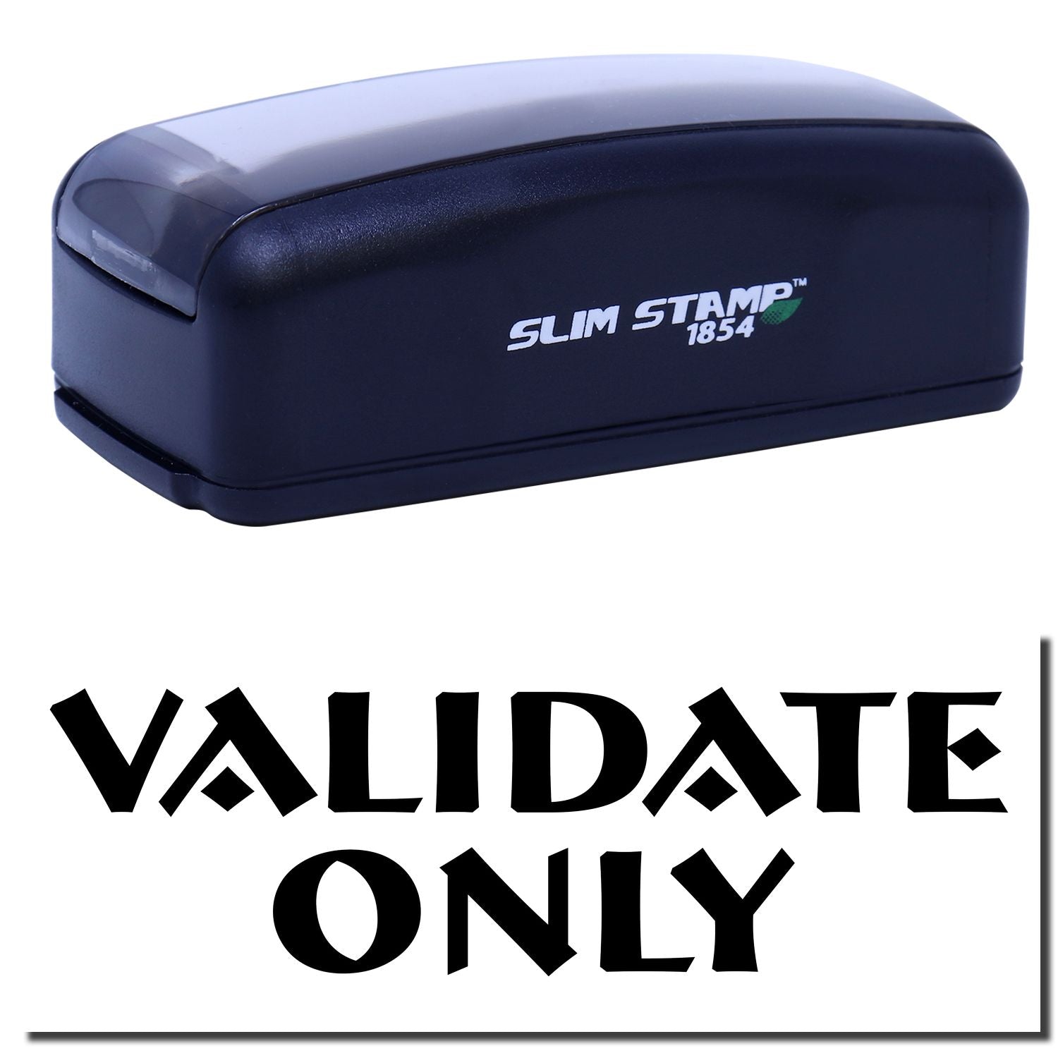 Validate Only Slim Stamp 1854 ink stamp, close-up product image for document marking, audits, and compliance in offices.