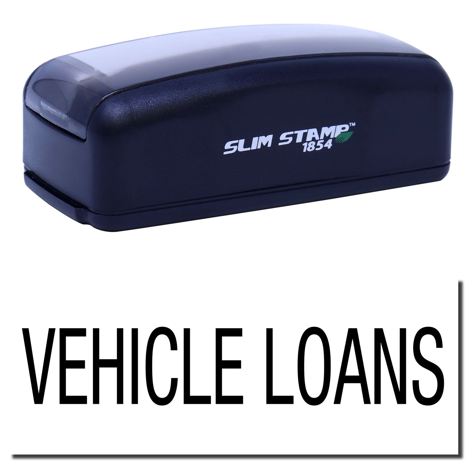 Slim Stamp 1854 branded ink stamp for vehicle loans, showing product name on dark blue housing.