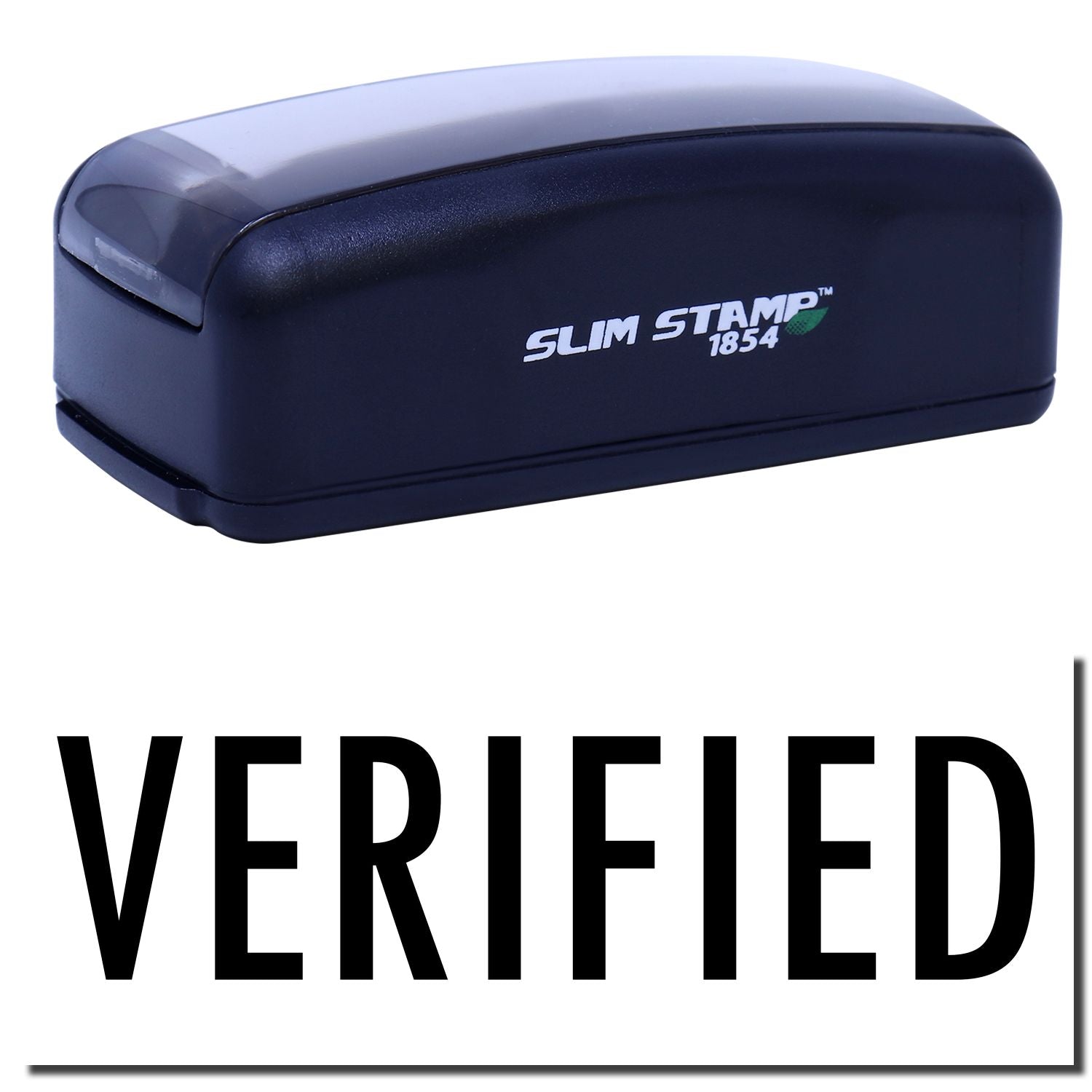Close-up of Slim Stamp 1854 ink stamp with VERIFIED text for fast office document verification, receipts, and mail stamping.