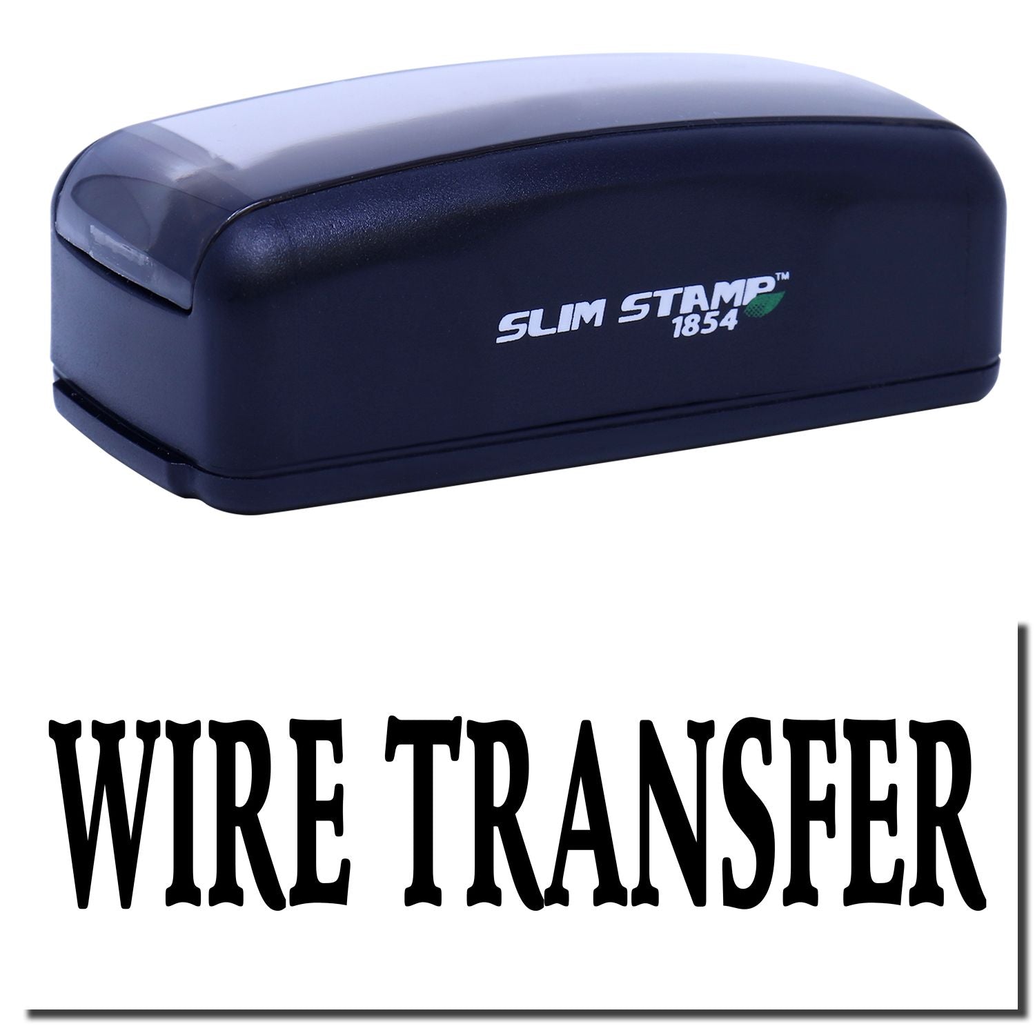 Slim Stamp 1854 stamping device labeled for wire transfer bank payments, showing branded stamp tool for secure processing.