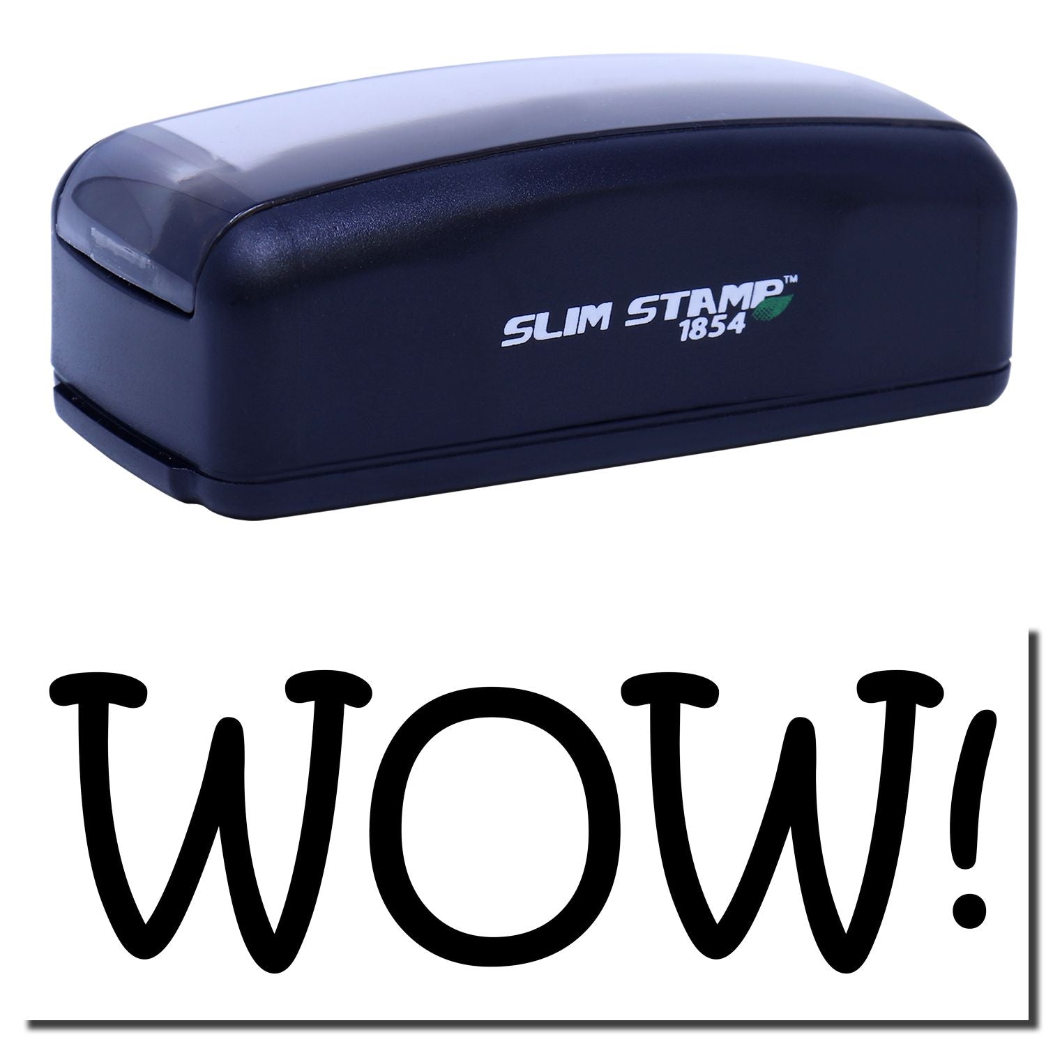 Slim STAMP 1854 ink stamp with WOW! branding for quick office labeling and document marking.