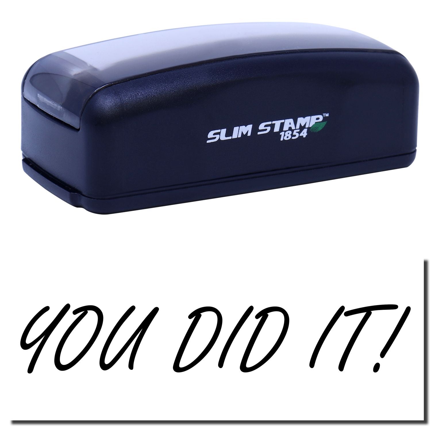 Slim Stamp 1854 self-inking stamp for the message YOU DID IT! with Slim Stamp brand on navy casing.