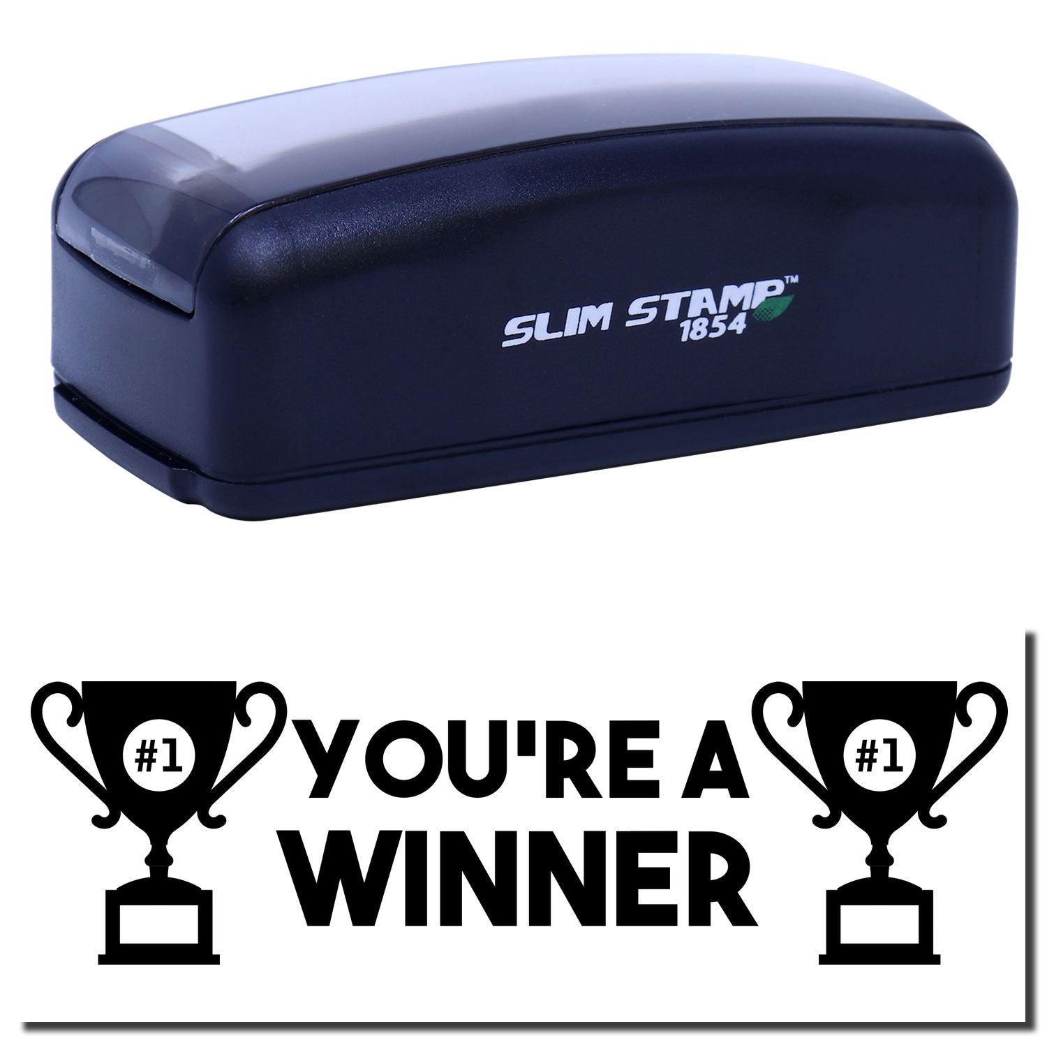 Slim Stamp 1854 ink stamp with Youre a Winner trophy graphicpromotional branding for stamping rewards, labels, and custom imprints