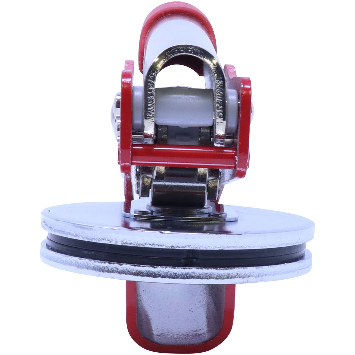 Close-up of a red and silver metal adjustable hinge or rotating mechanical joint isolated on a white background.