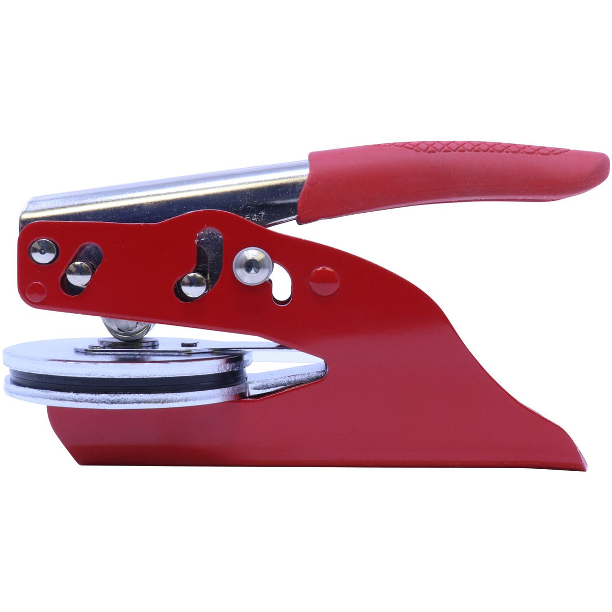 Red handheld manual press tool with ergonomic grip and metal sealing wheel on a white background.