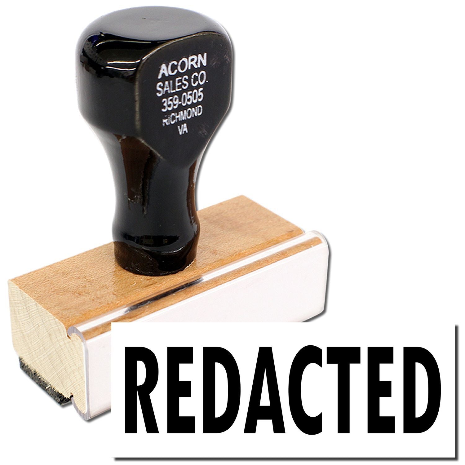 Acorn Sales Co. rubber stamp over REDACTED, privacy-redacting phone number 359-0505 from Richmond, Virginia business contact.