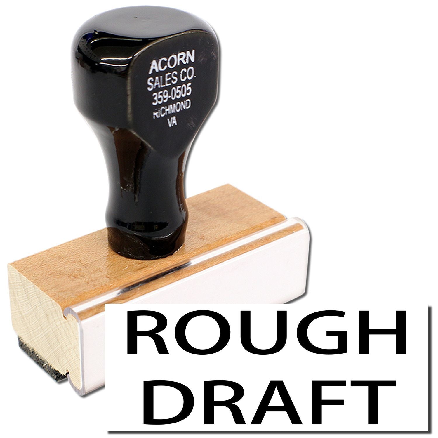 Acorn Sales Co. custom rubber stamp on wood block, Rough Draft branding for imprinting documents and packaging.