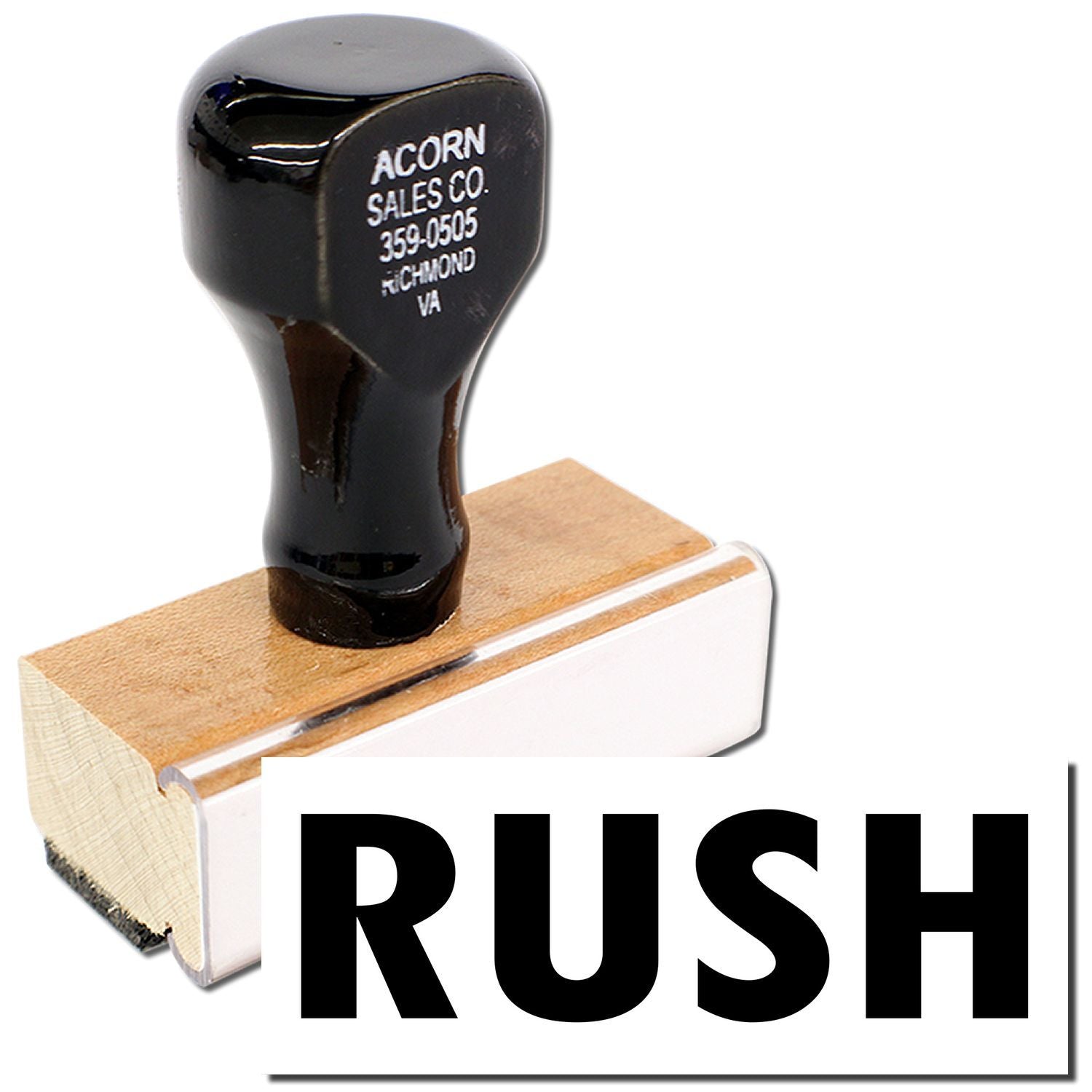 Acorn Sales Co black rubber stamp marked RUSH with Richmond VA phone 359-0505 for urgent document processing.