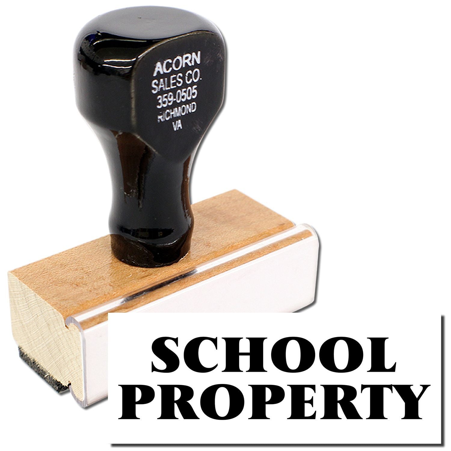 Acorn Sales Co. marked wooden handle with School Property label for school equipment identification.