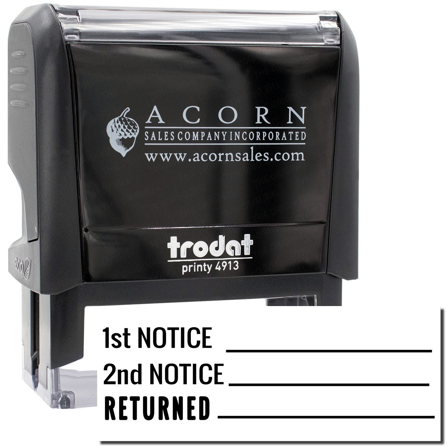 Acorn Sales return mail stamp showing 1st Notice, 2nd Notice, and Returned for routing returned letters.