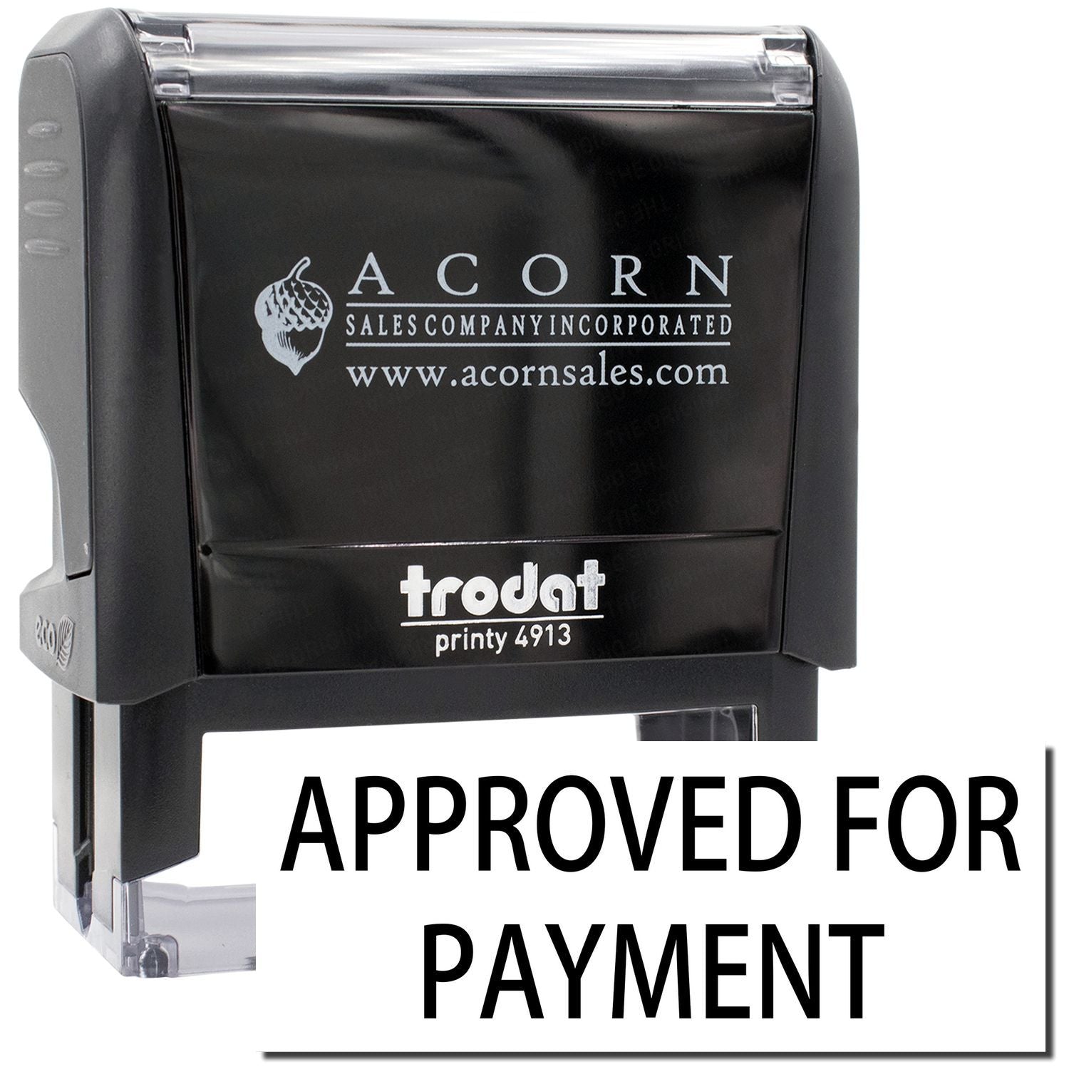 Trodat Printy 4913 stamp for Acorn Sales: Approved for Payment inked marking seal used on invoices and documents, billing paperwork.