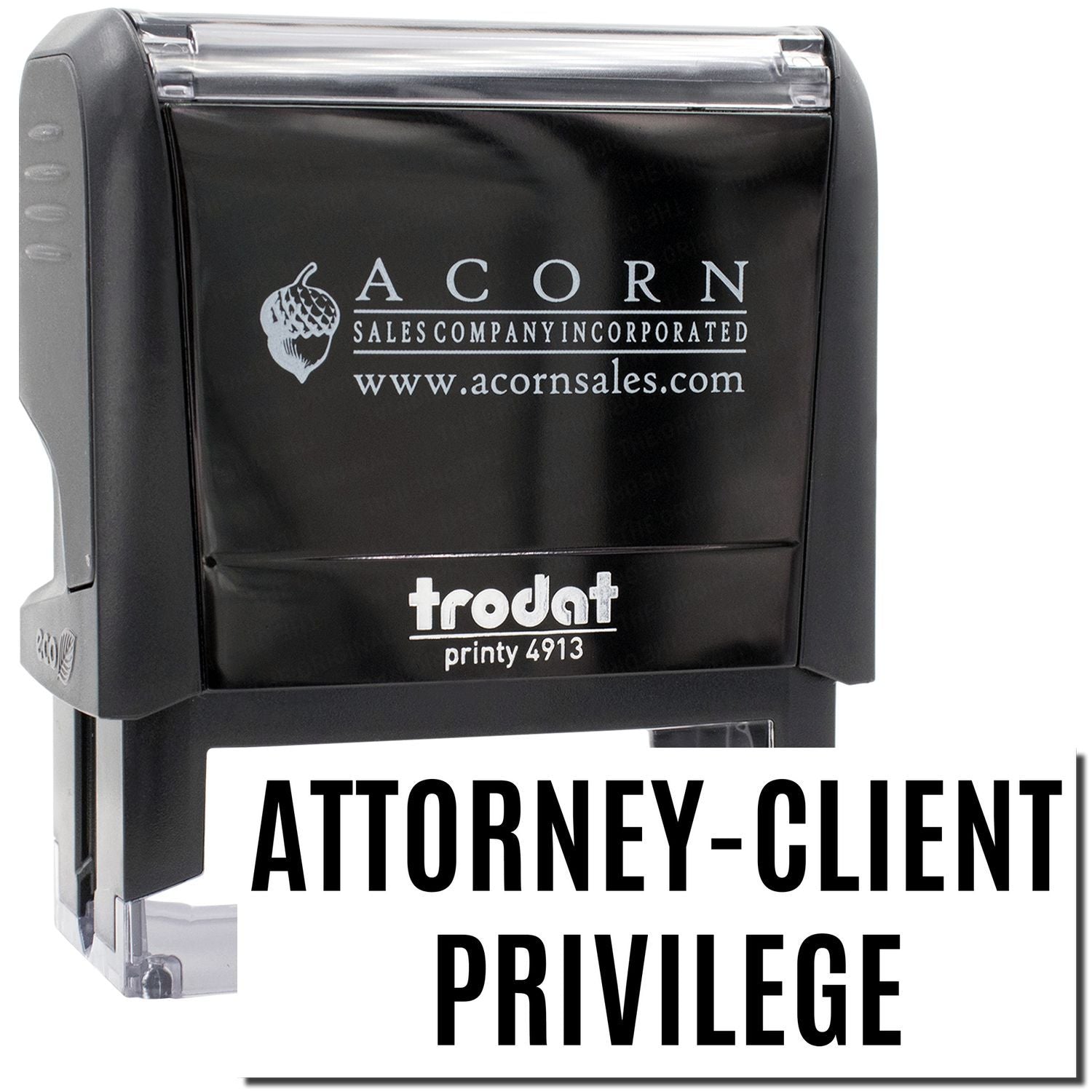 Trodat Printy 4913 self-inking stamp from Acorn Sales Incorporated for attorney-client privilege marking, acornsales.com branding.
