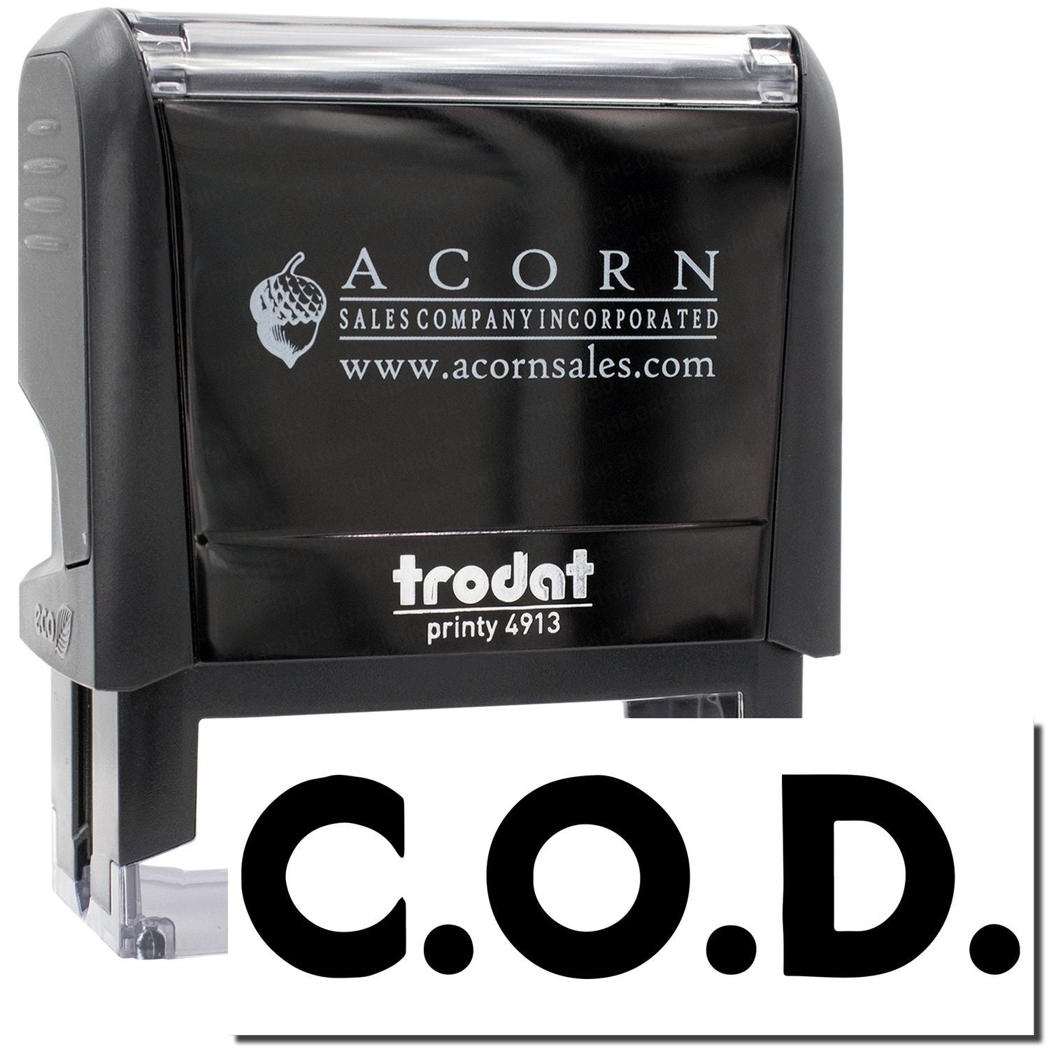Acorn Sales COD stamp on Trodat Printy 4913 self-inking dater, branded for shipping and invoicing forms.
