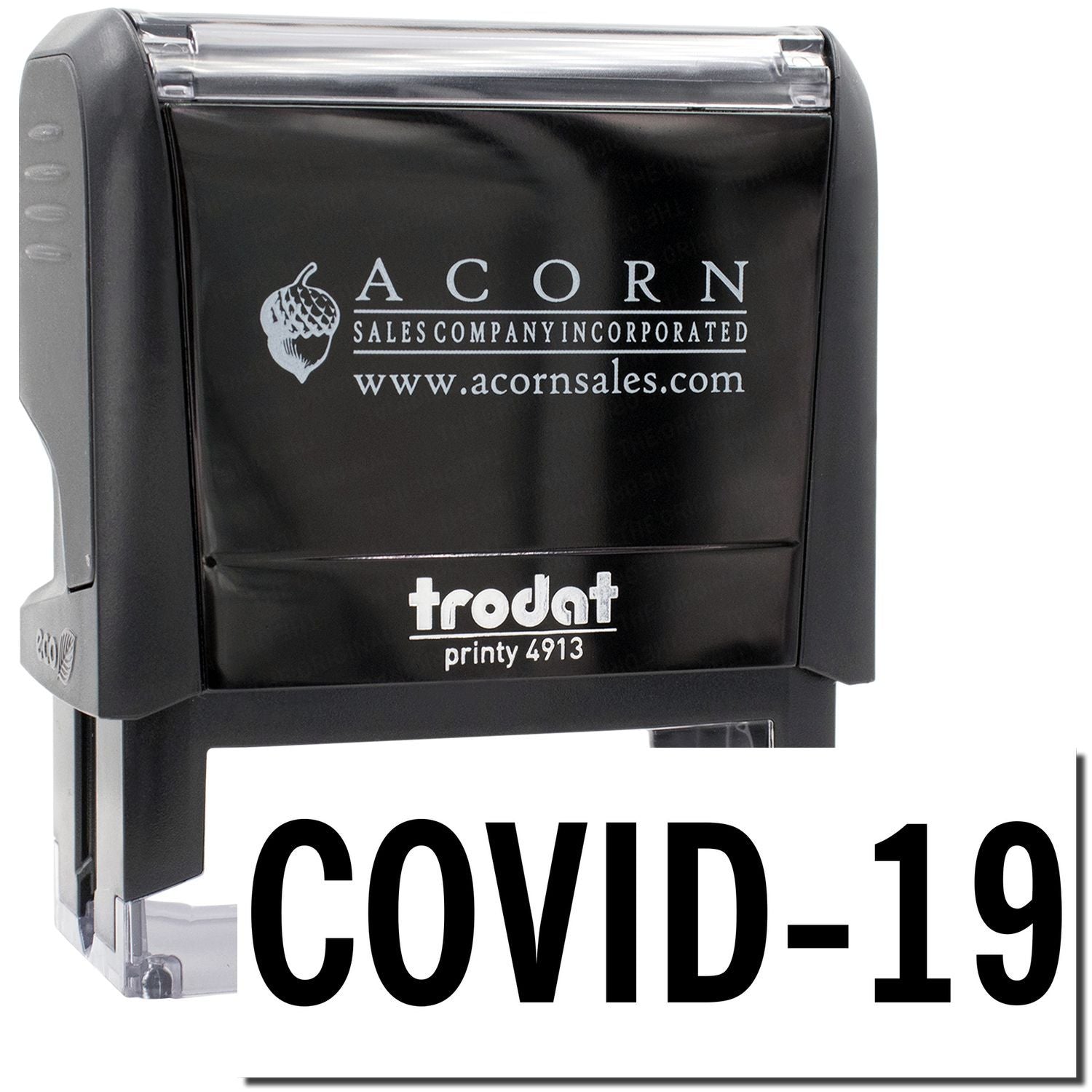 Trodat Printy 4913 COVID-19 stamp by Acorn Sales Company Incorporated for official office marking and labeling for health and compliance documents.