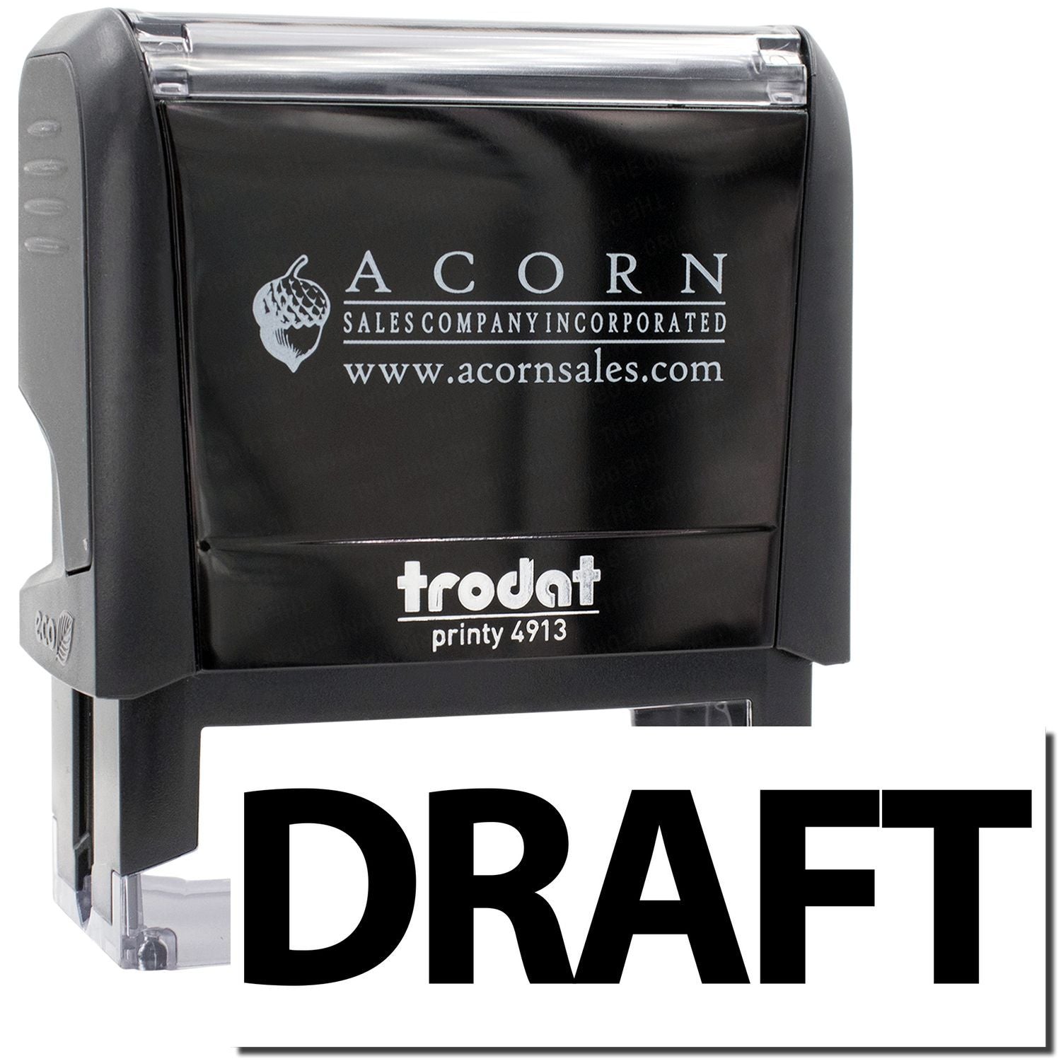Acorn Sales draft stamp on Printy 4913, branded ink stamp for marking documents as Draft with AcornSales.com logo.