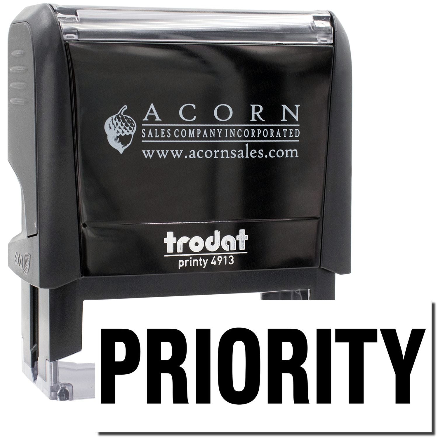 Acorn Sales Printy 4913 self-inking stamp with Acorn logo, ready to print PRIORITY on documents.