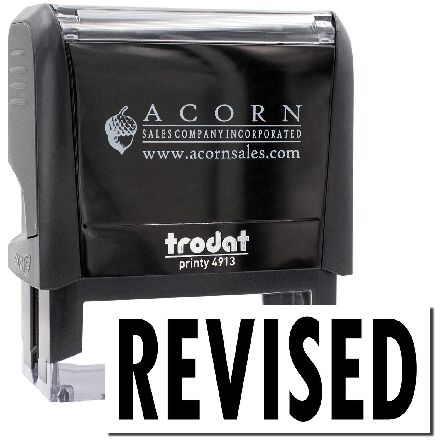 Acorn Sales Company Incorporated Printy 4913 self-inking stamp with ACORN logo and REVISED text for office document approvals