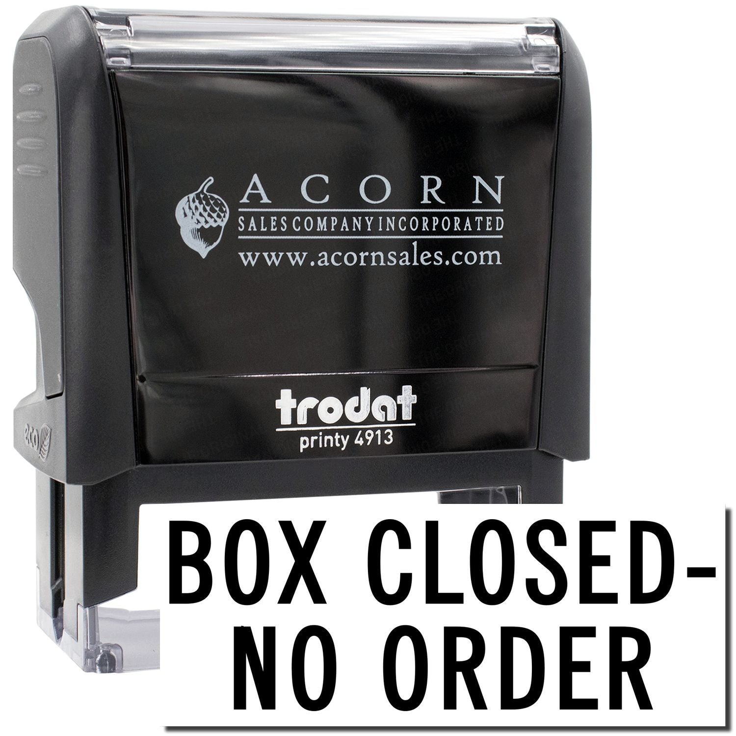 Acorn Sales company stamp showing BOX CLOSEDNO ORDER, for shipping workflow and order status labeling on packing cartons and invoices.