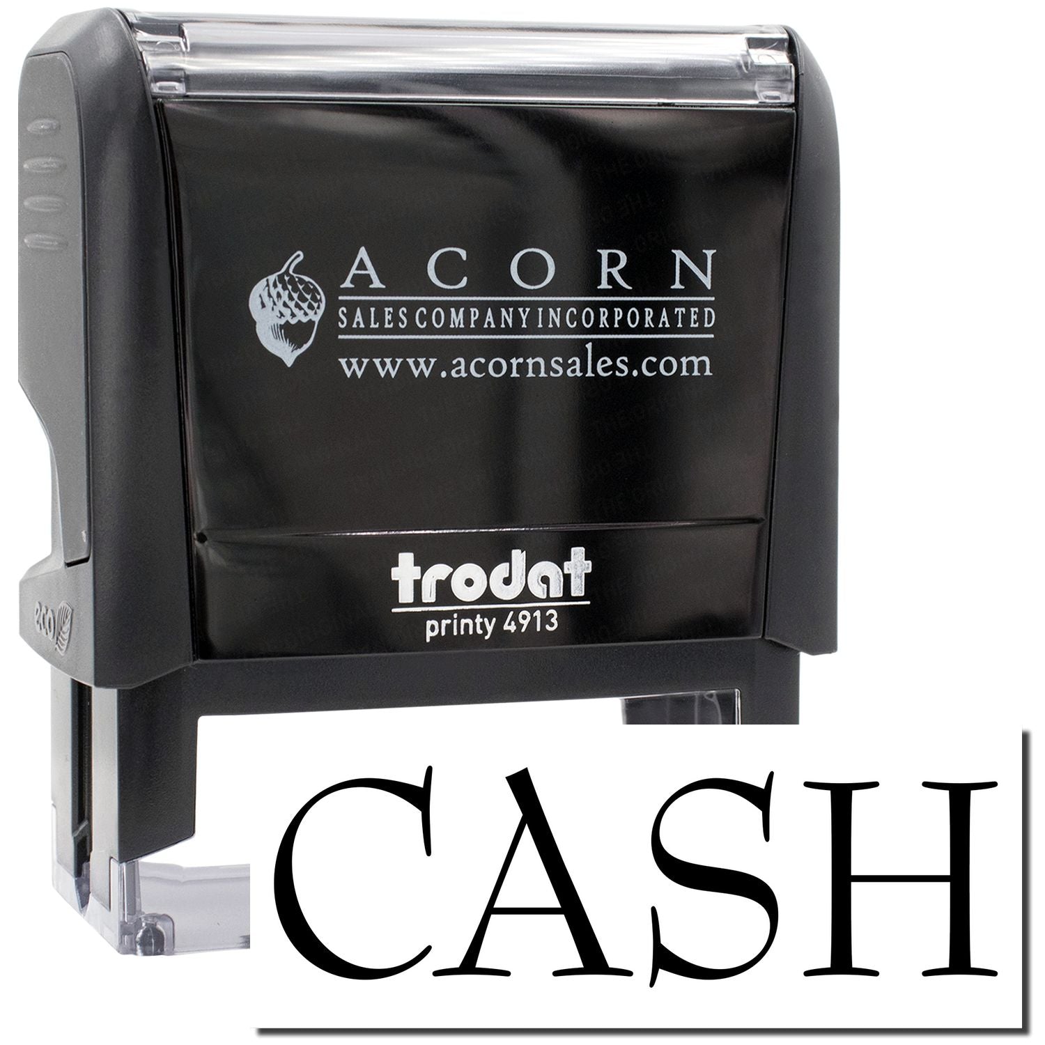 Acorn Sales custom company stamp on Trodat Printy 4913, showing website and CASH for document approval.