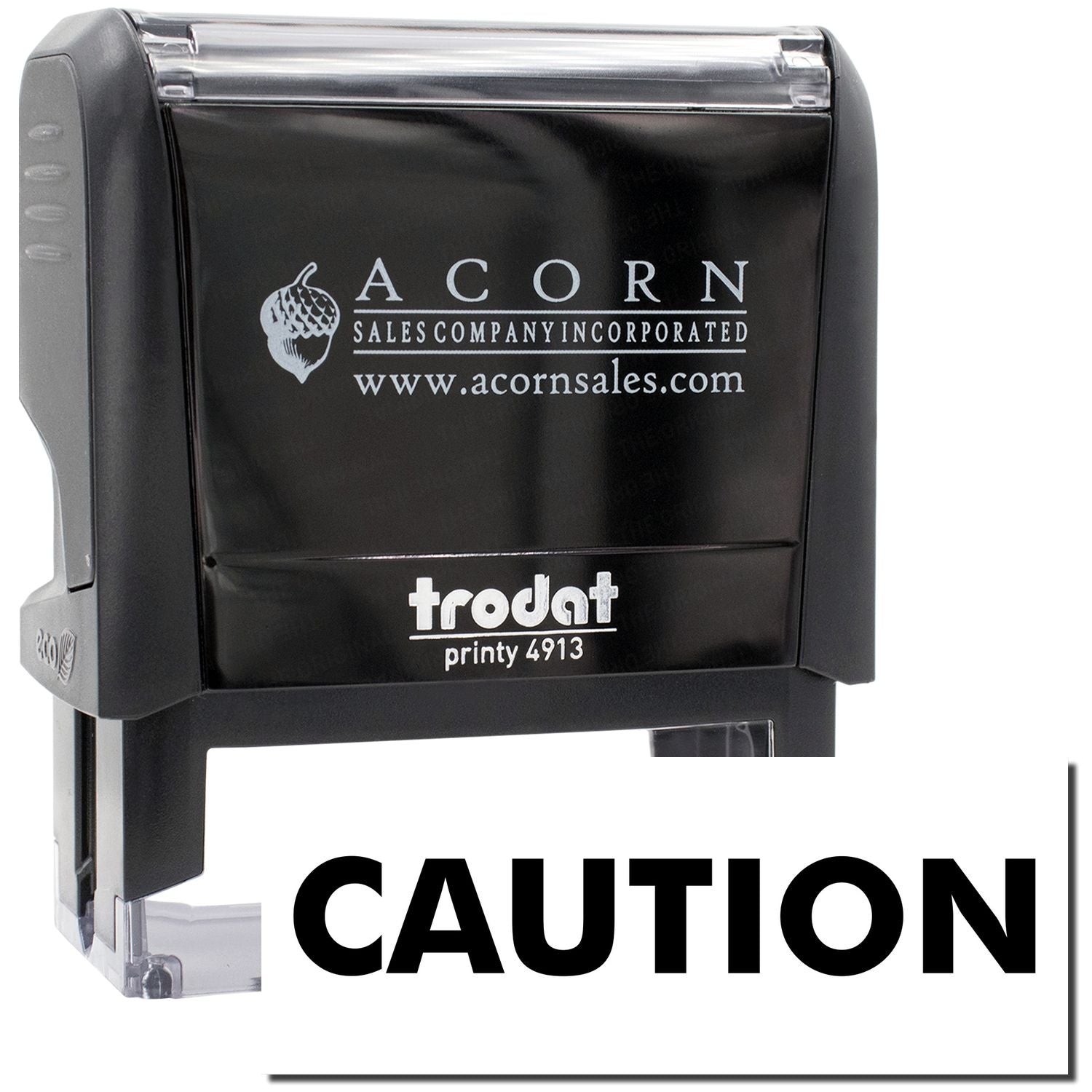 Acorn Sales Company Inc. CAUTION self-inking stamp for safety warning labels, Printy 4913 model with acornsales.com branding.