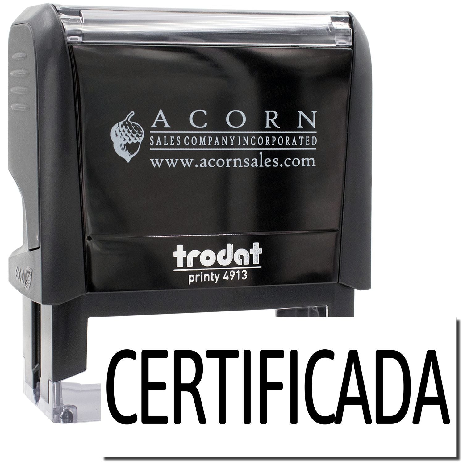 Acorn Sales certified rubber stamp for document verification, front printy 4913 logo and website imprint