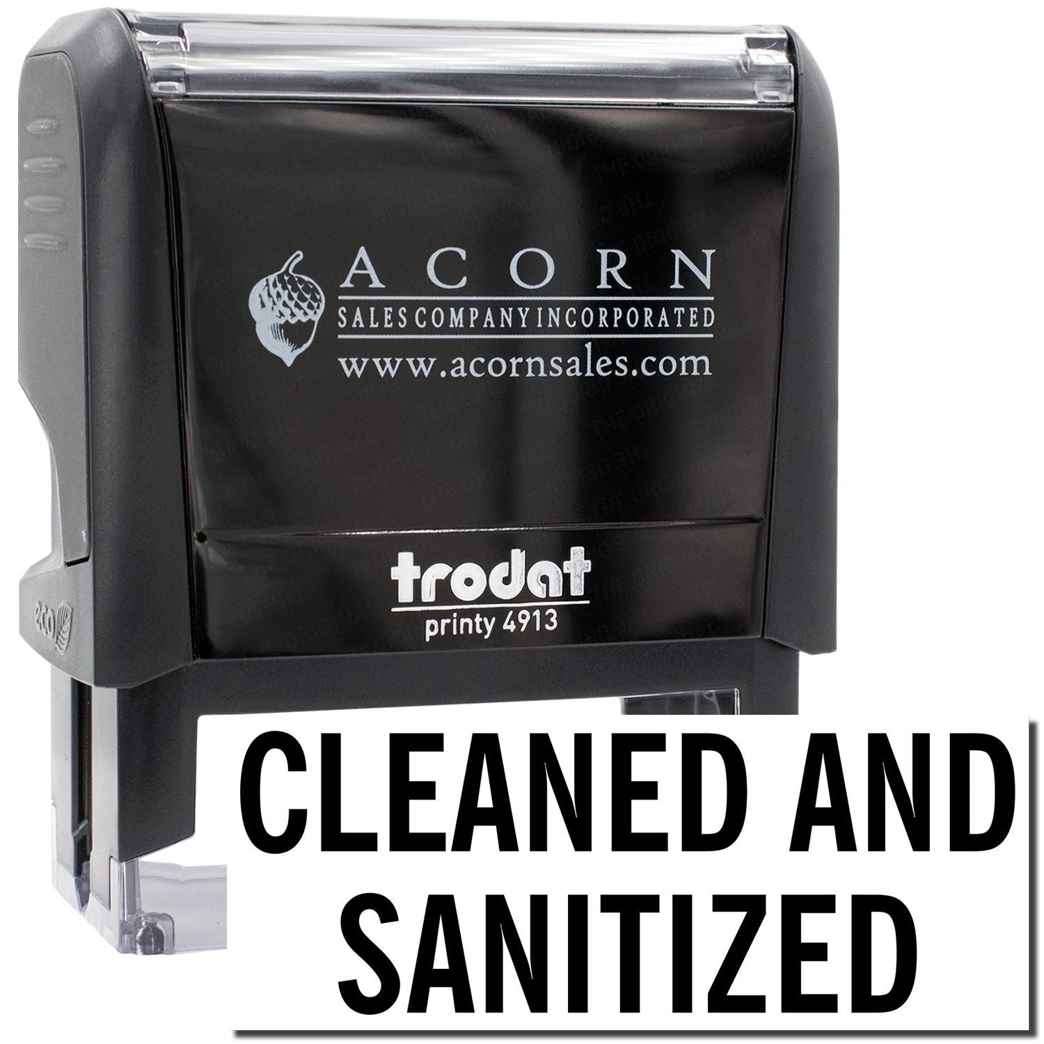 Acorn Sales Printy 4913 Cleaned and Sanitized stamp with company logo and website for hygiene verification