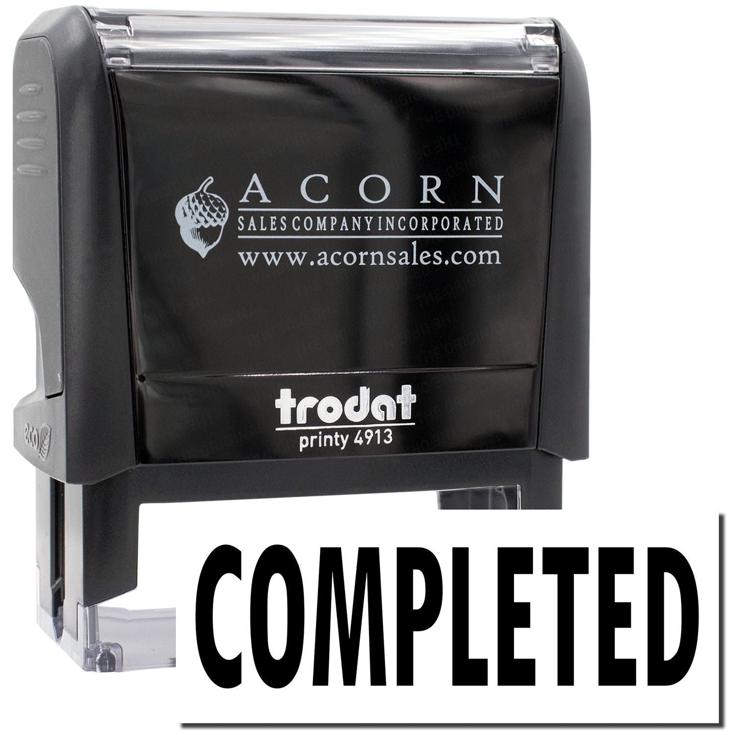 Trodat Printy 4913 stamp with Acorn Sales Company branding and 'Completed' label for office paperwork and shipping workflow service.