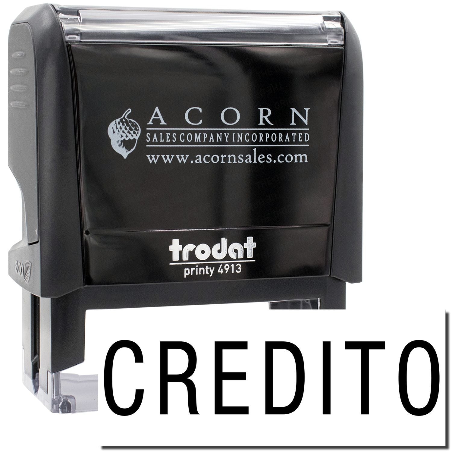 Acorn Sales credit stamp showing Acorn sales logo, frodot printy 4913, and CREDIT for retail payment processing.