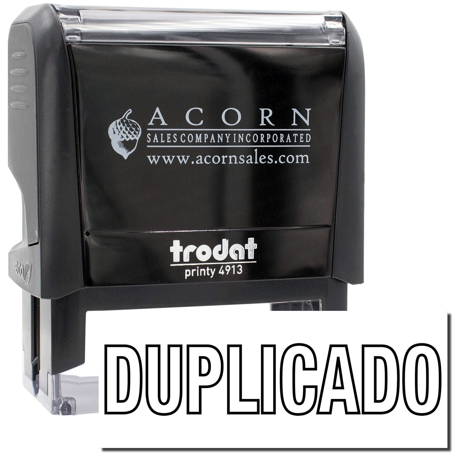 Acorn Sales Incorporated Printy 4913 self-inking stamp with 'DUPLICADO' text for duplicate shipment and product labeling marking.