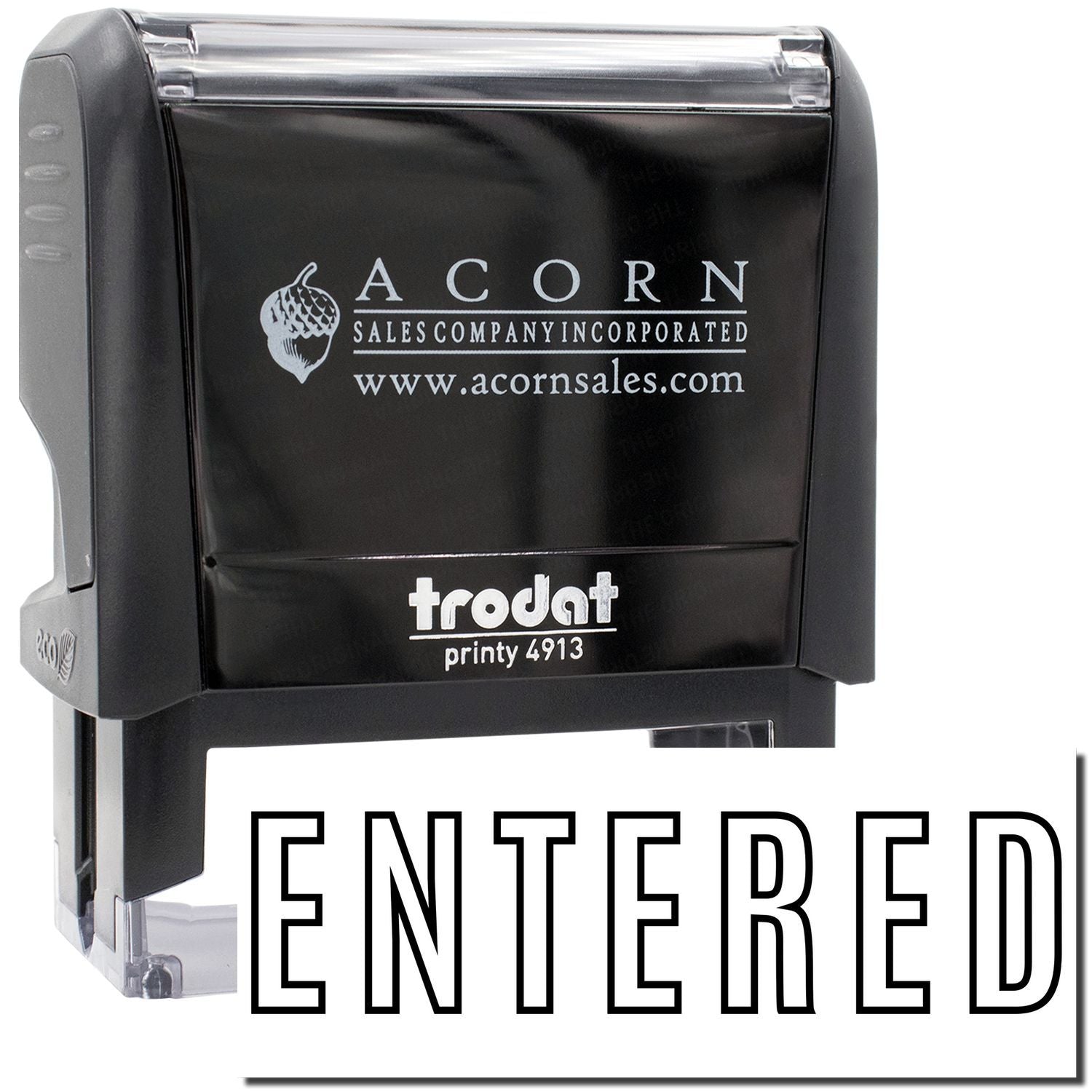Acorn Sales FRODAT Printy 4913 self-inking stamp showing ENTEREDdate stamp for office document processing.