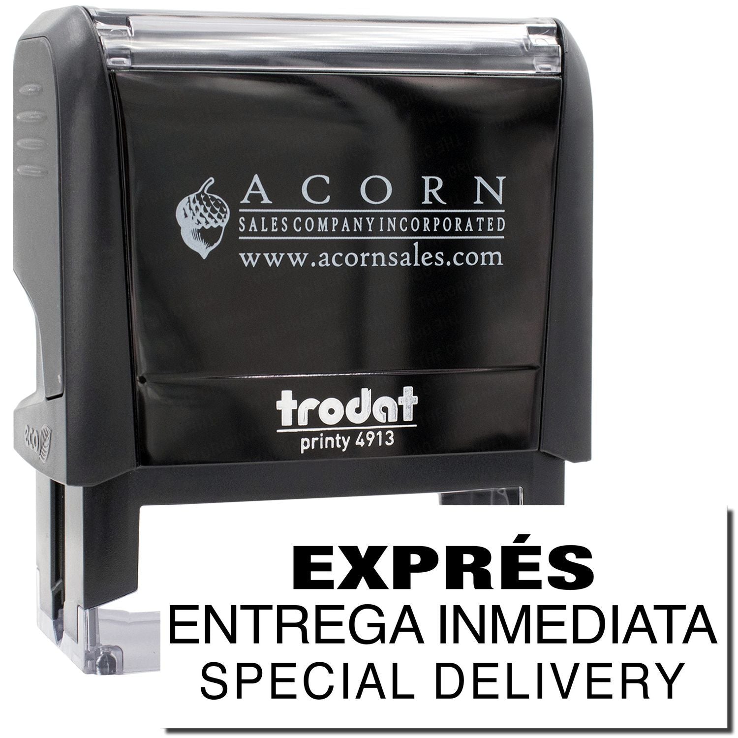 Acorn Sales Company self-inking stamp showing Express Entrega Inmediata and Special Delivery text for fast shipments.