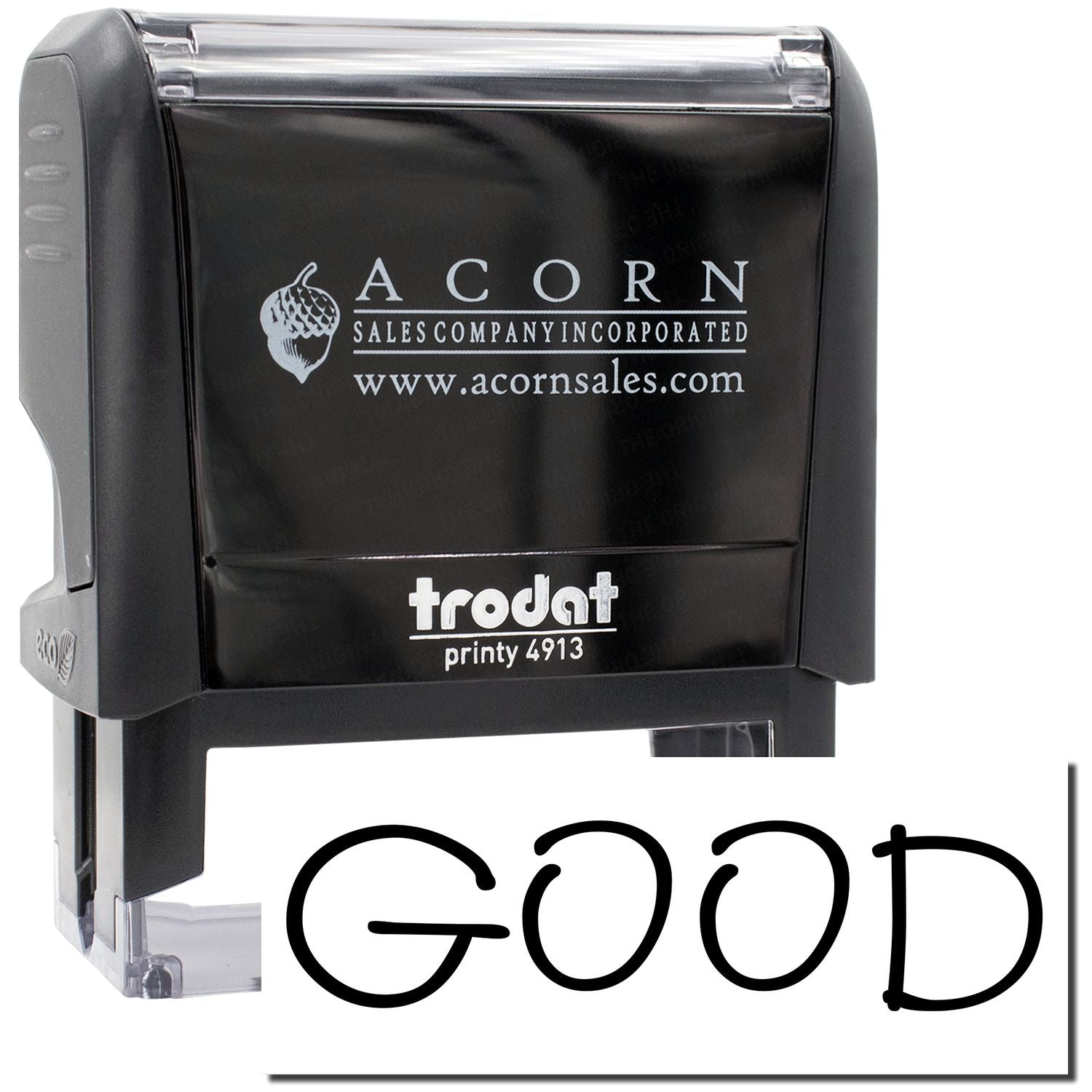 Acorn Sales Company Incorporated branded self-inking stamp marked Good for document approvals, Printy 4913 model.