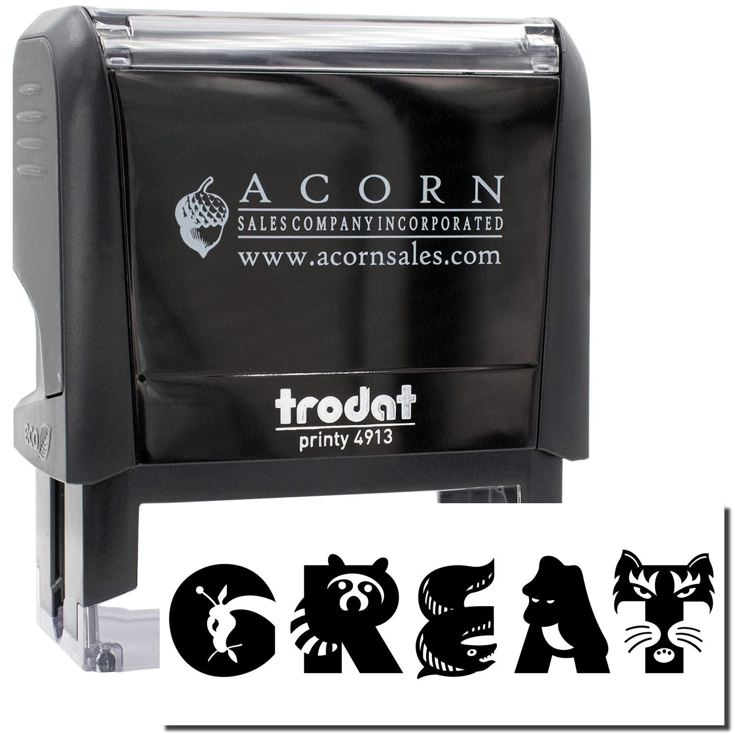 AcornSales.com Printy 4913 stamp with Acorn Sales logo and fantasy animal icons for imprinting documents and envelopes.