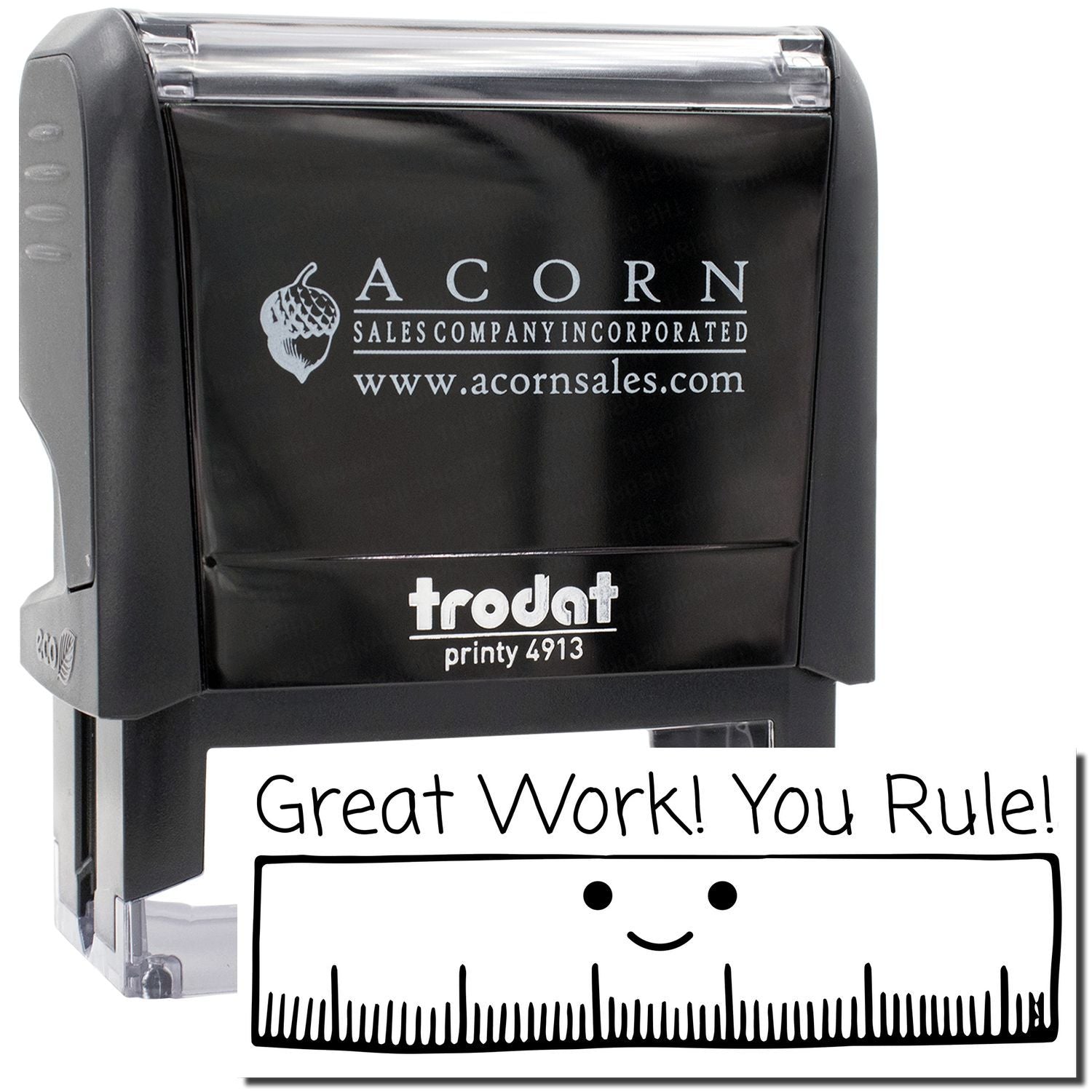 Trodat Printy 4913 stamp with AcornSales.com branding and ruler overlay, showing precise alignment for business document marking.